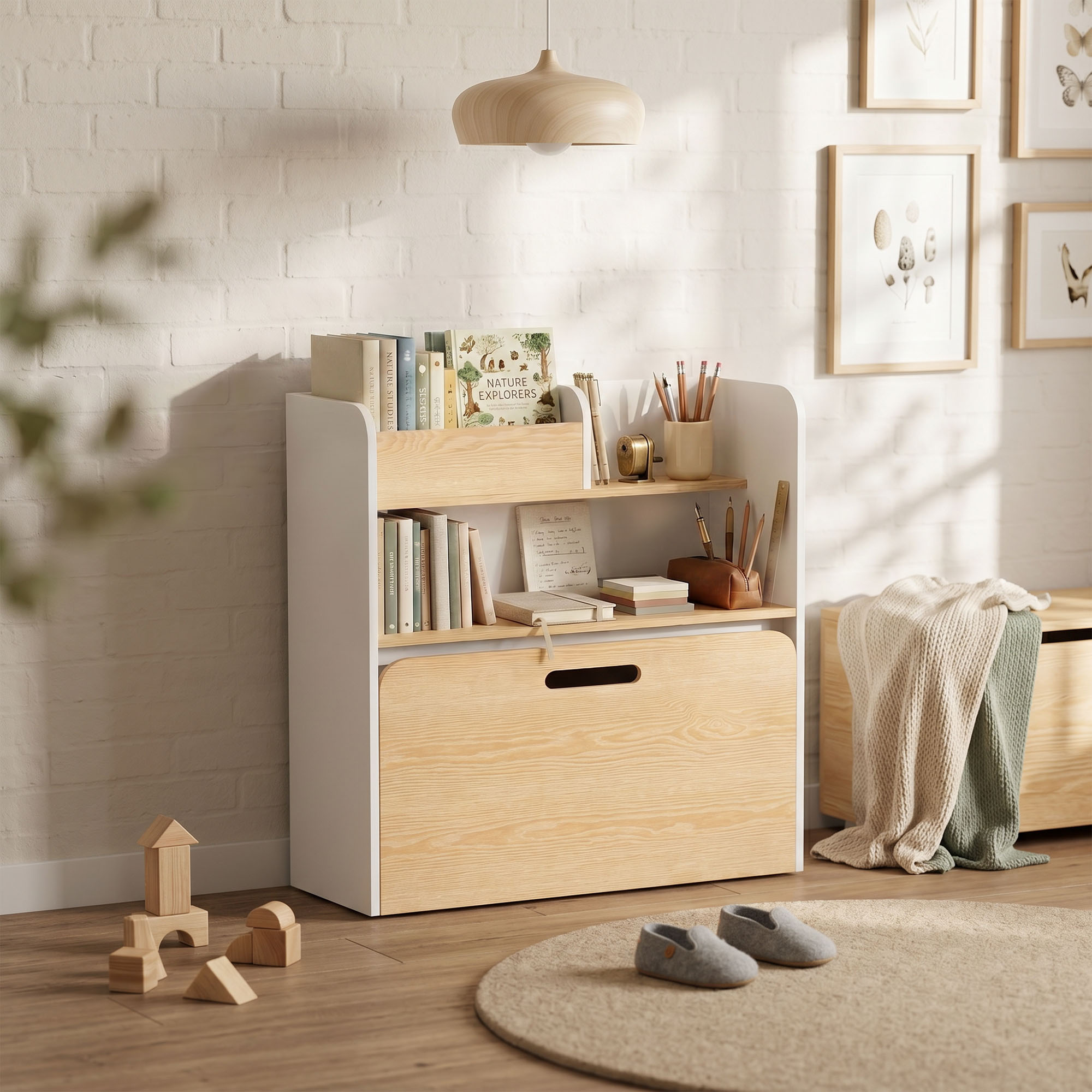 Bureau et Chaise Enfant 5-en-1, Bureau + Bibliothèque + Coffre + Banc Roulant + 