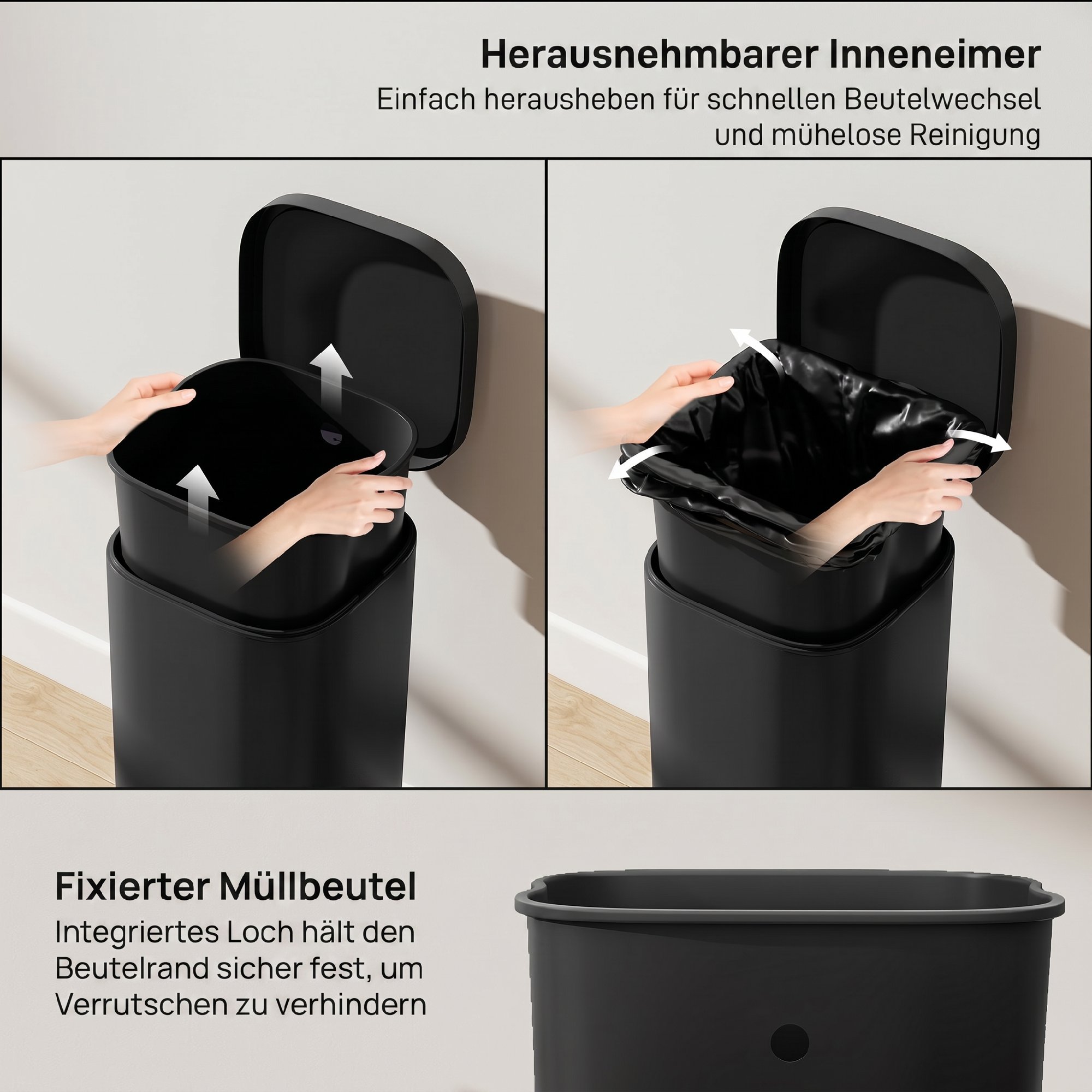 Bac intérieur étanche extractible et fixe‑sac