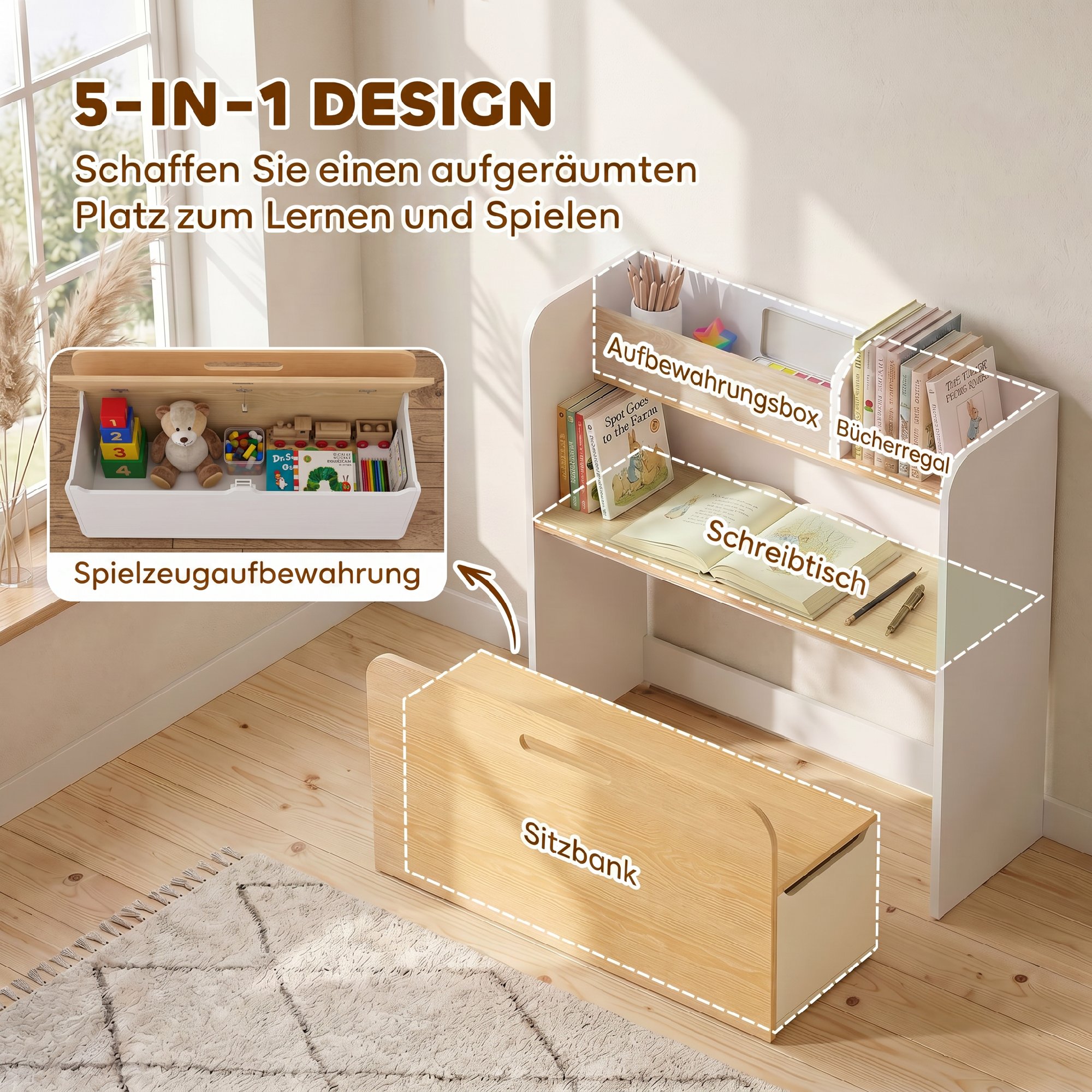Bureau et Chaise Enfant 5-en-1, Bureau + Bibliothèque + Coffre + Banc Roulant + 