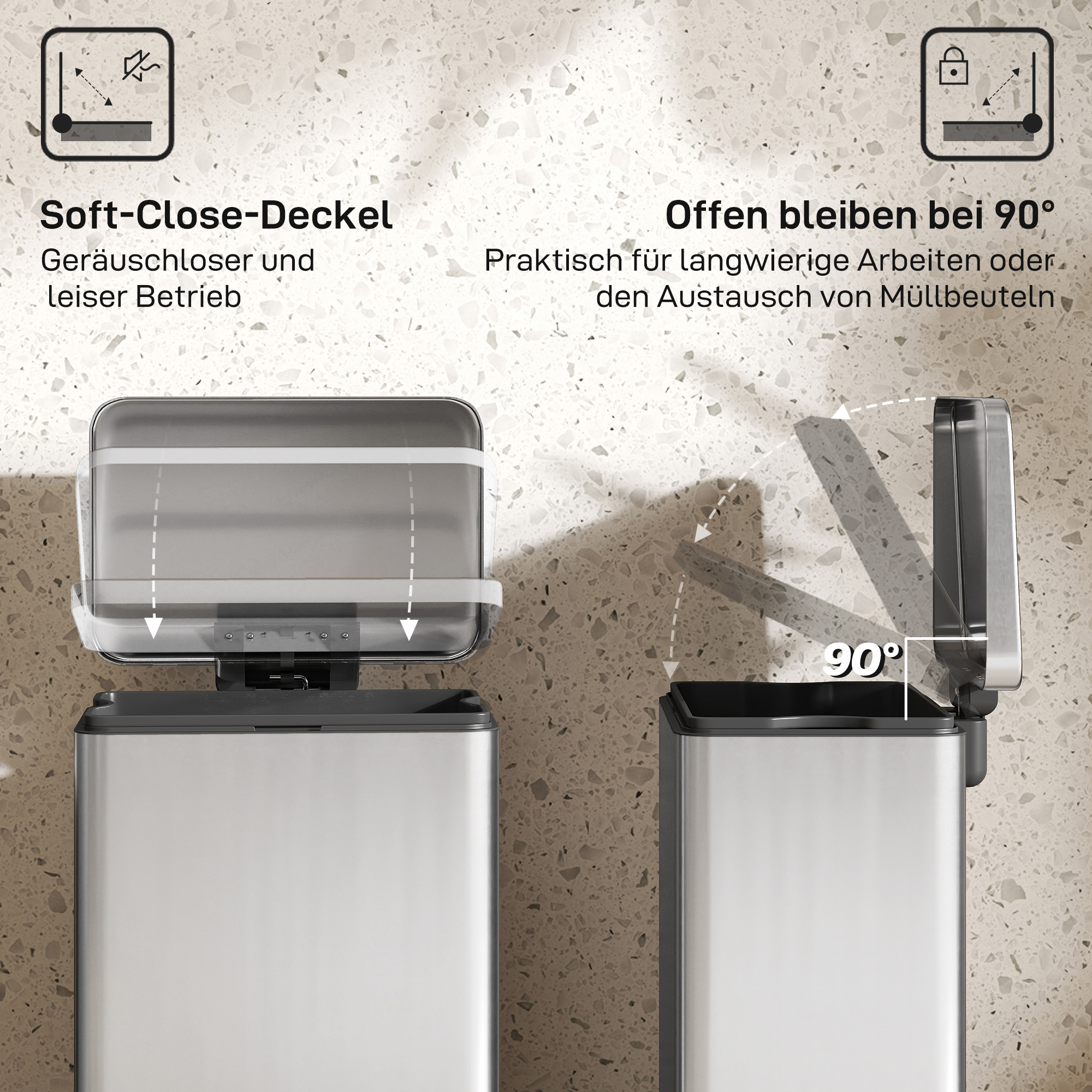 Couvercle soft‑close silencieux, verrouillage à 90° mains‑libres