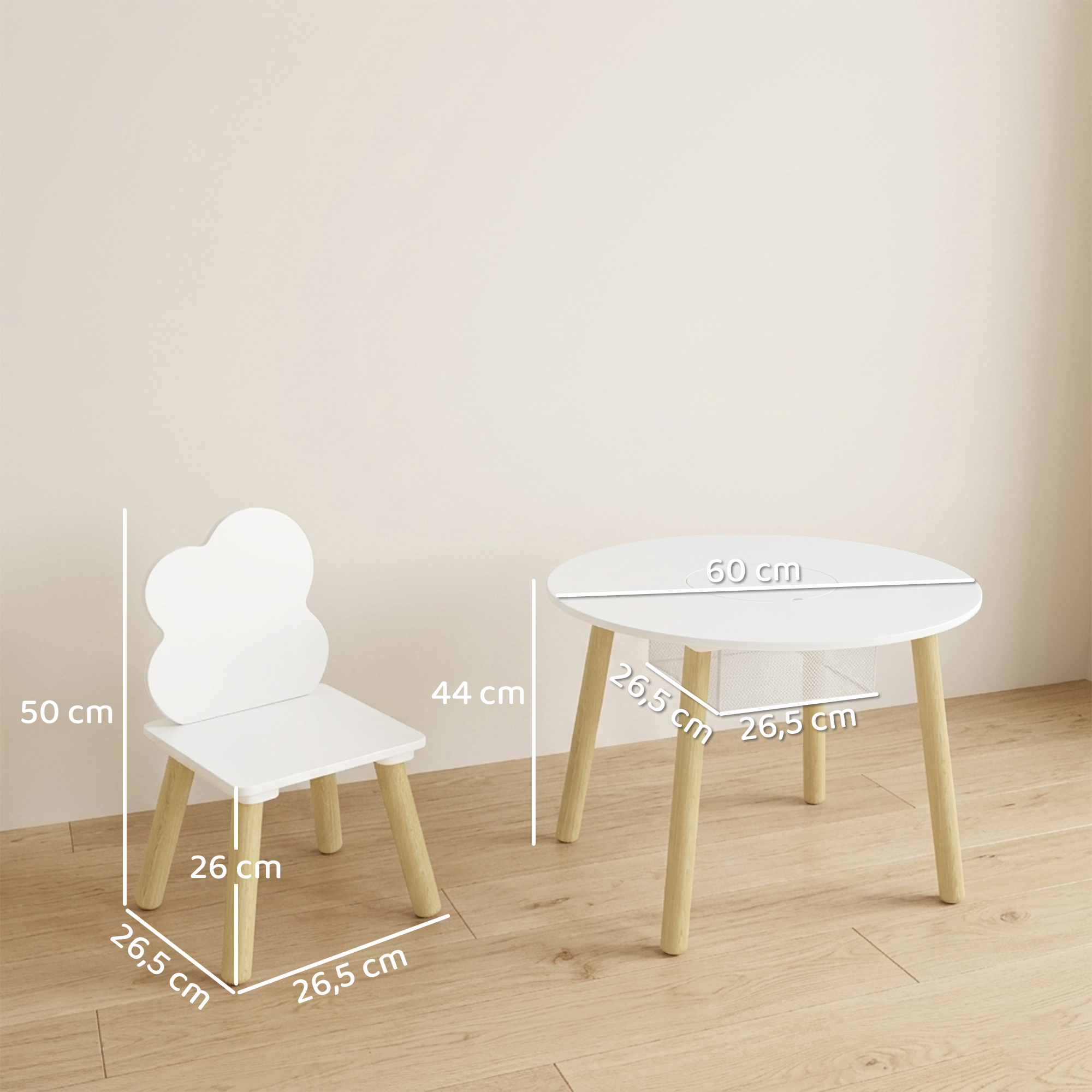 Table et 2 Chaises Enfant Design Nuage, Sac Filaire Central, Blanc et Rose, MDF 