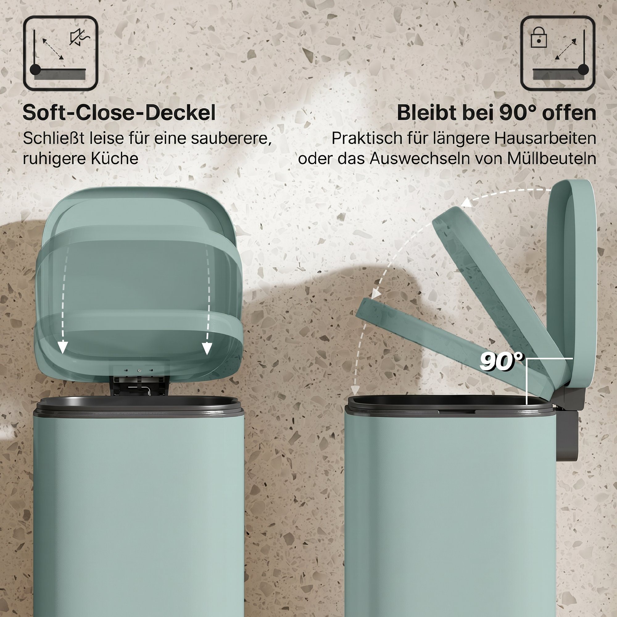 Soft‑close silencieux et maintien à 90°
