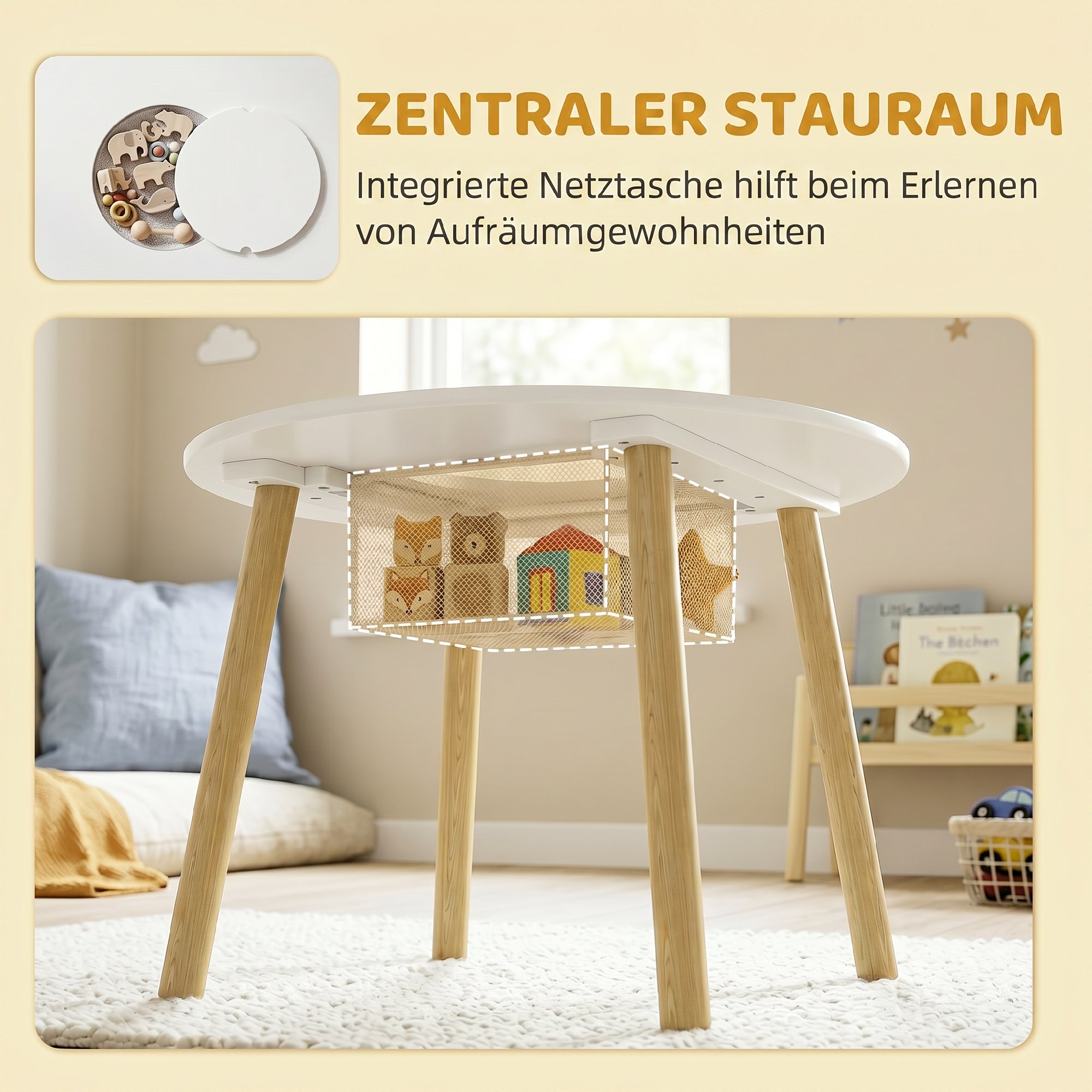Table et 2 Chaises Enfant Design Nuage, Sac Filaire Central, Blanc et Rose, MDF 