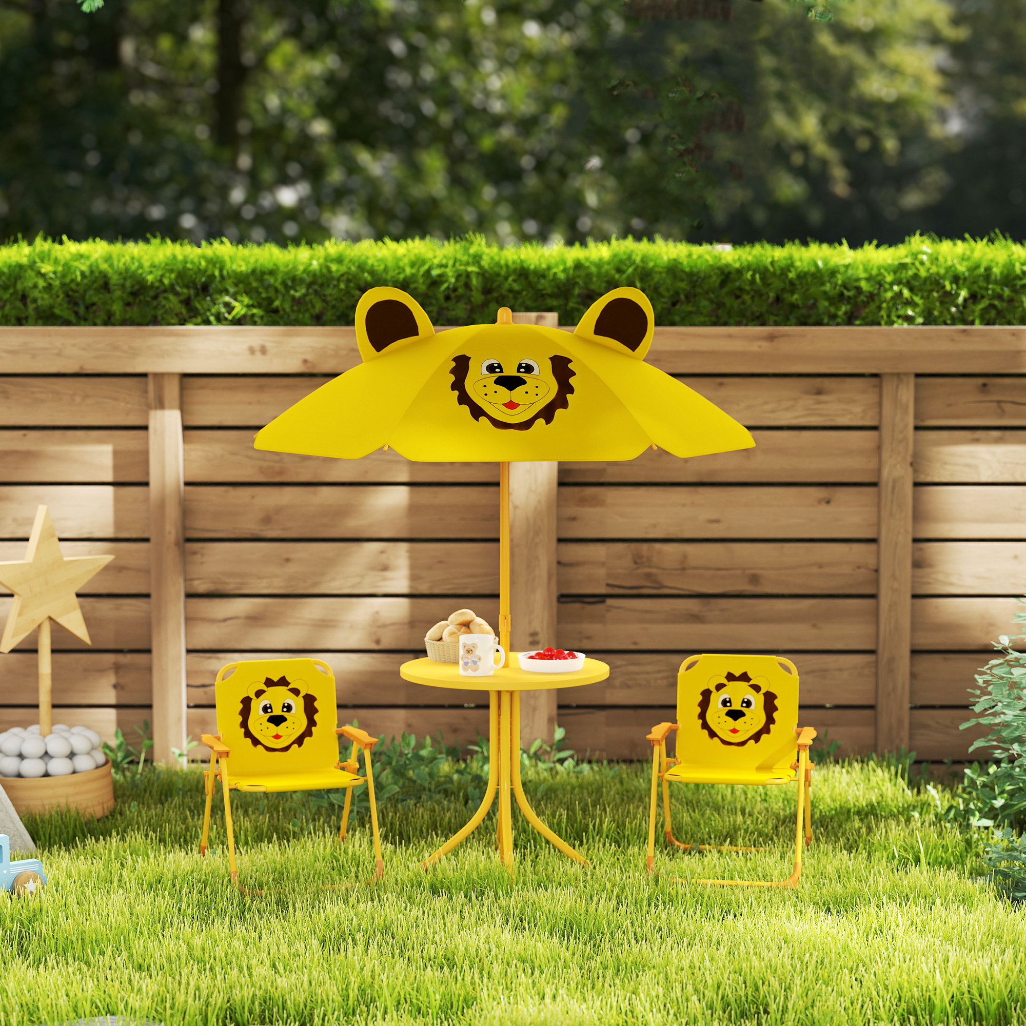 Set de Jardin Enfant 4 Pièces avec Parasol, Table Ronde et 2 Chaises Pliantes, D