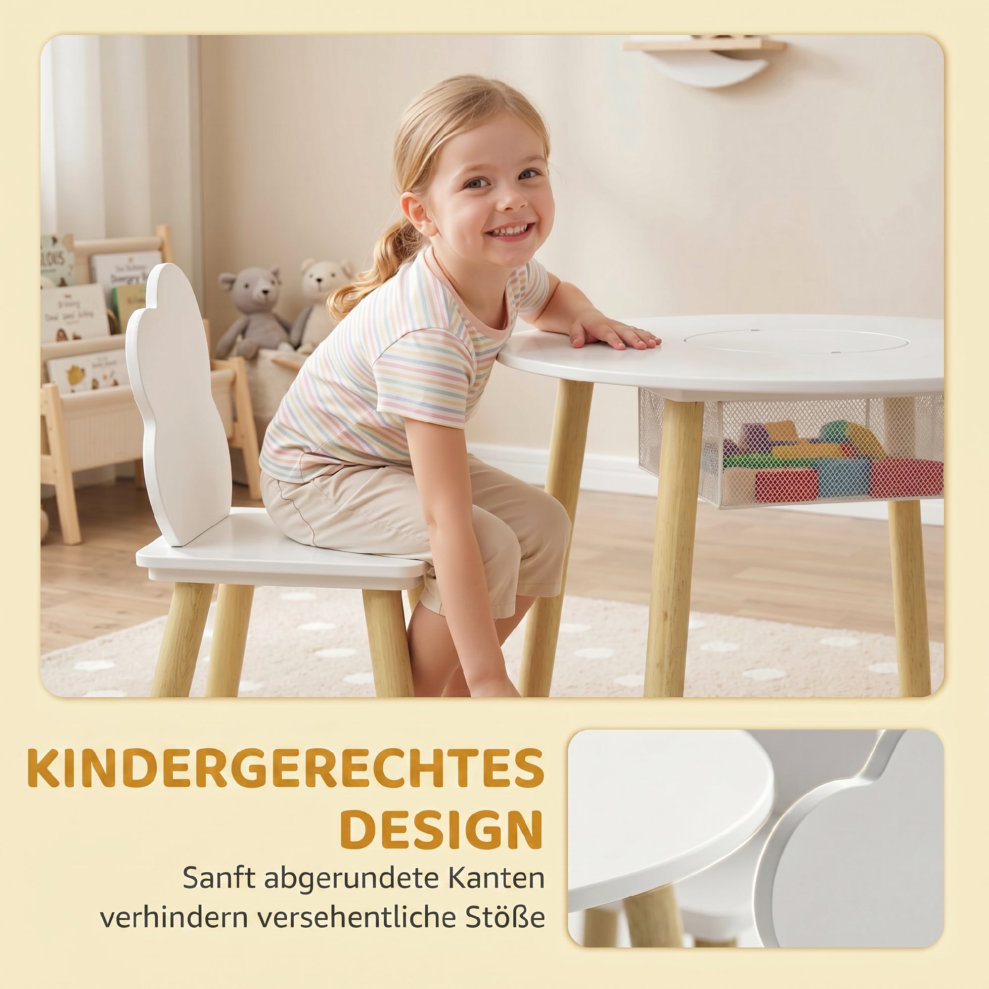 Table et 2 Chaises Enfant Design Nuage, Sac Filaire Central, Blanc et Rose, MDF 