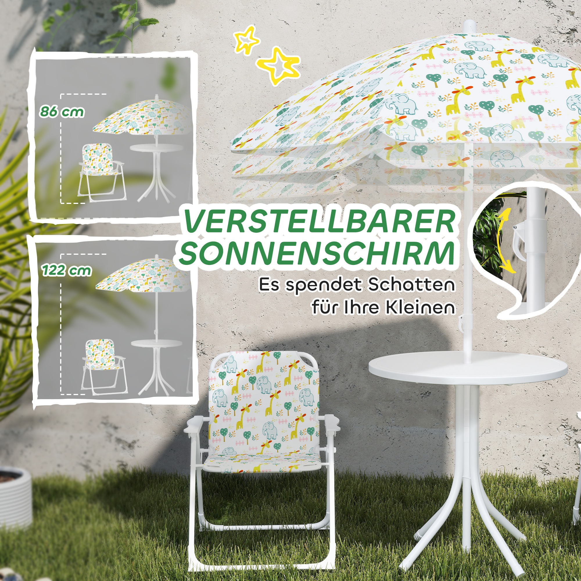 Set de Jardin Enfant 4 Pièces avec Parasol, Table Ronde et 2 Chaises Pliantes, M