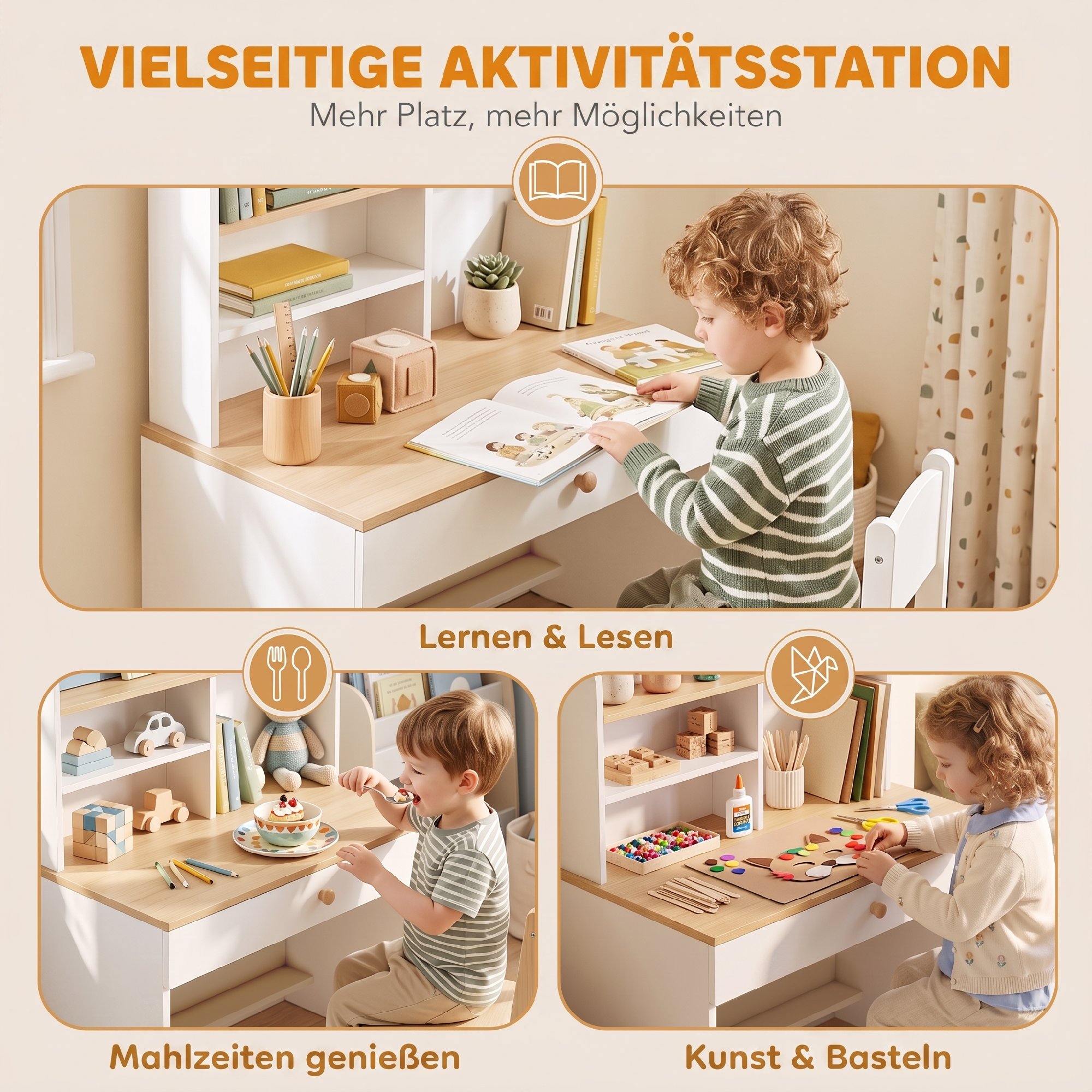 Bureau Enfant avec Étagère et Tiroir Profond, Table d'Apprentissage 80x50x100 cm