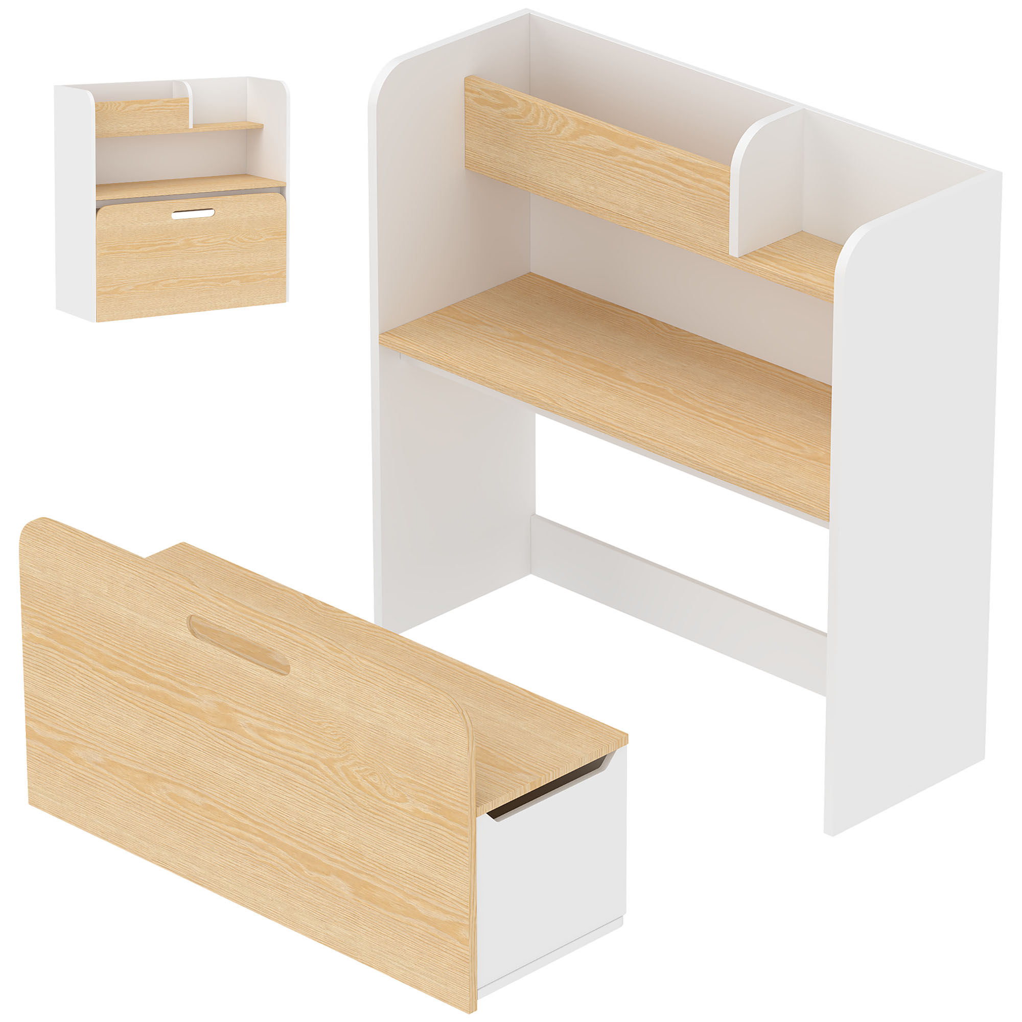 Bureau et Chaise Enfant 5-en-1, Bureau + Bibliothèque + Coffre + Banc Roulant + 
