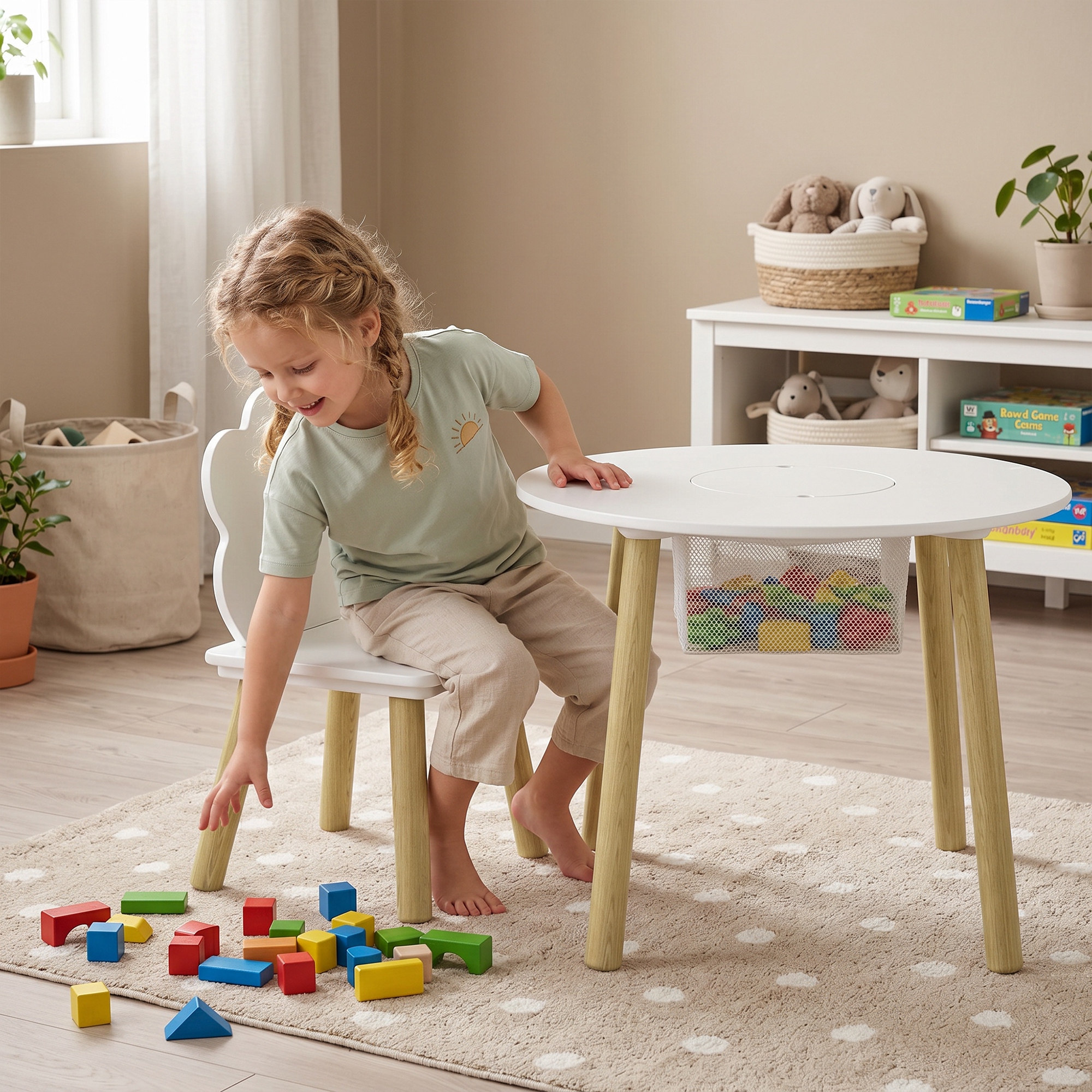 Table et 2 Chaises Enfant Design Nuage, Sac Filaire Central, Blanc et Rose, MDF 