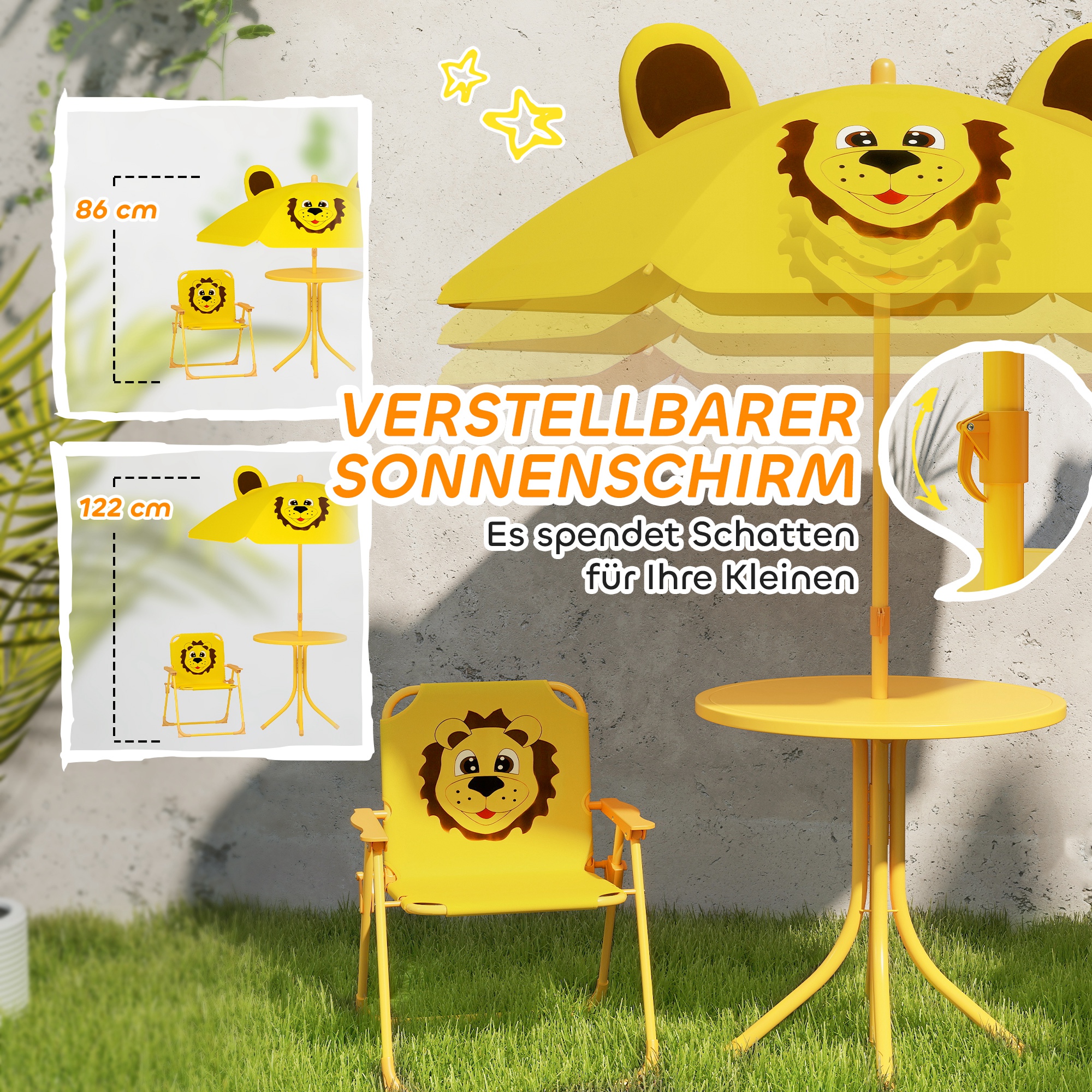 Set de Jardin Enfant 4 Pièces avec Parasol, Table Ronde et 2 Chaises Pliantes, D