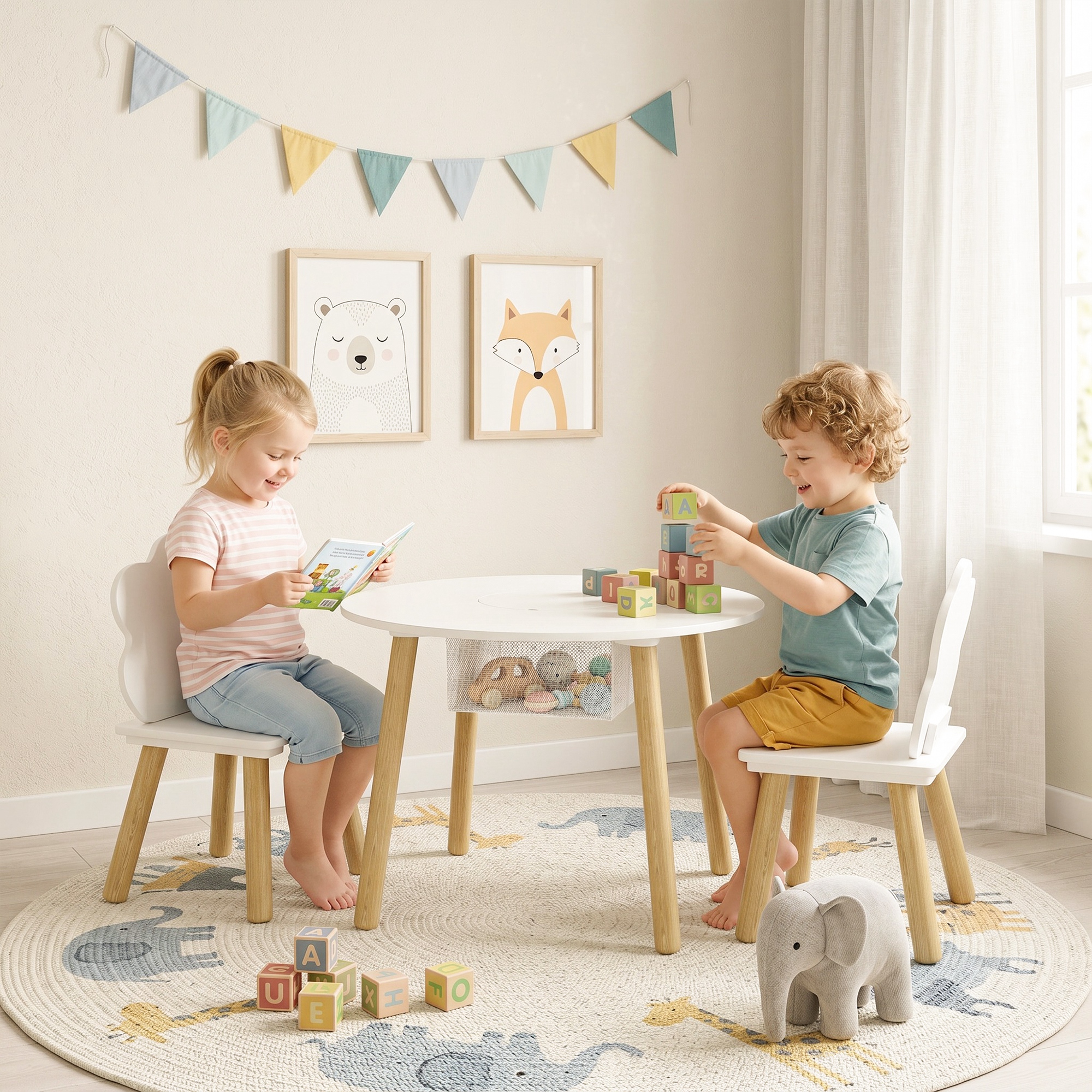 Table et 2 Chaises Enfant Design Nuage, Sac Filaire Central, Blanc et Rose, MDF 