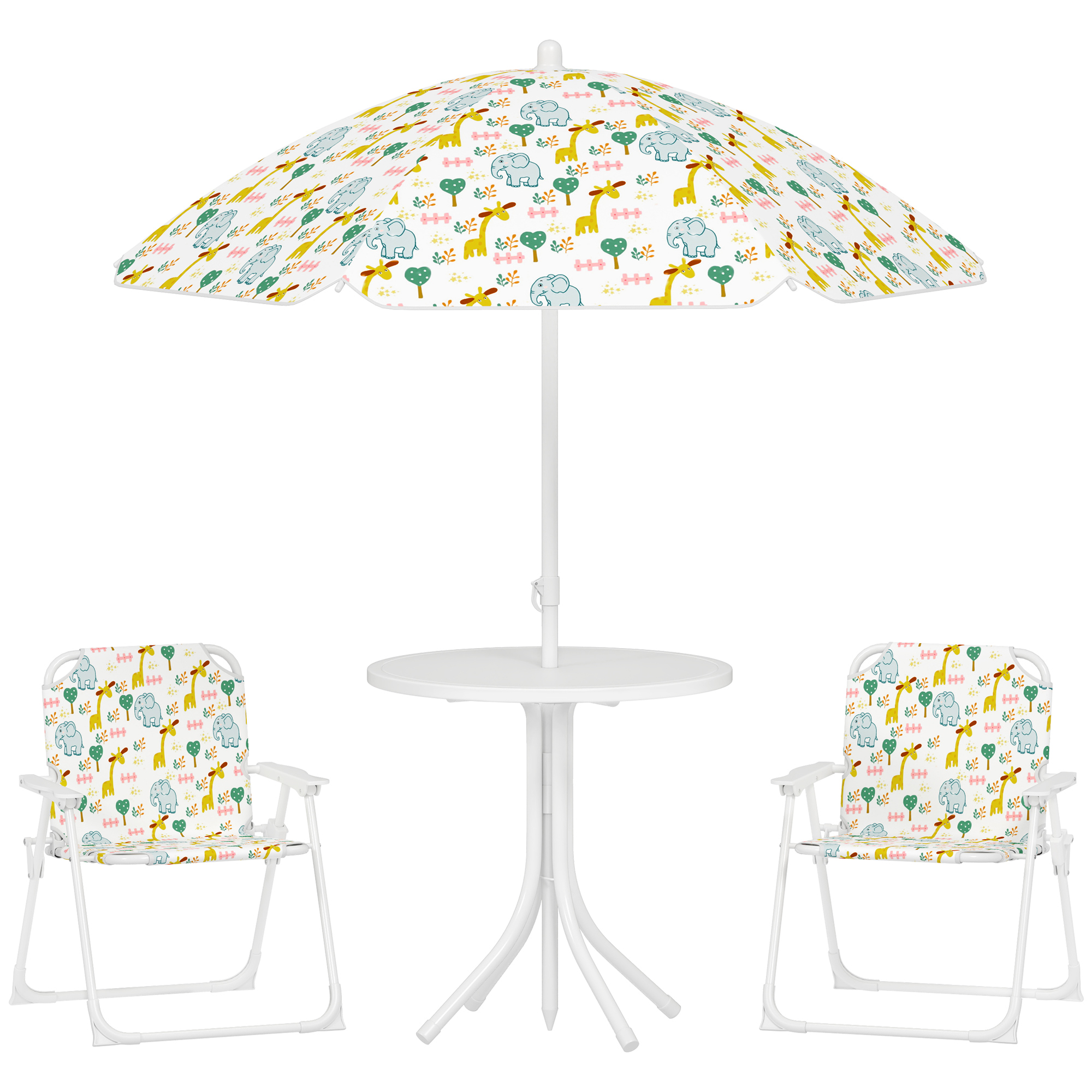 Set de Jardin Enfant 4 Pièces avec Parasol, Table Ronde et 2 Chaises Pliantes, M