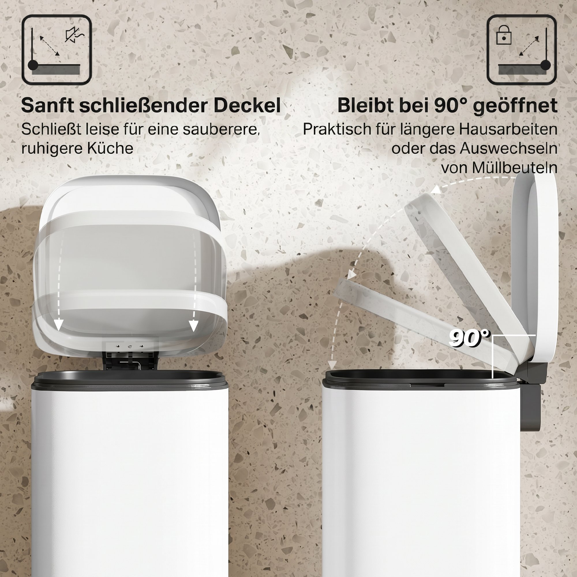Soft‑close silencieux et maintien à 90°