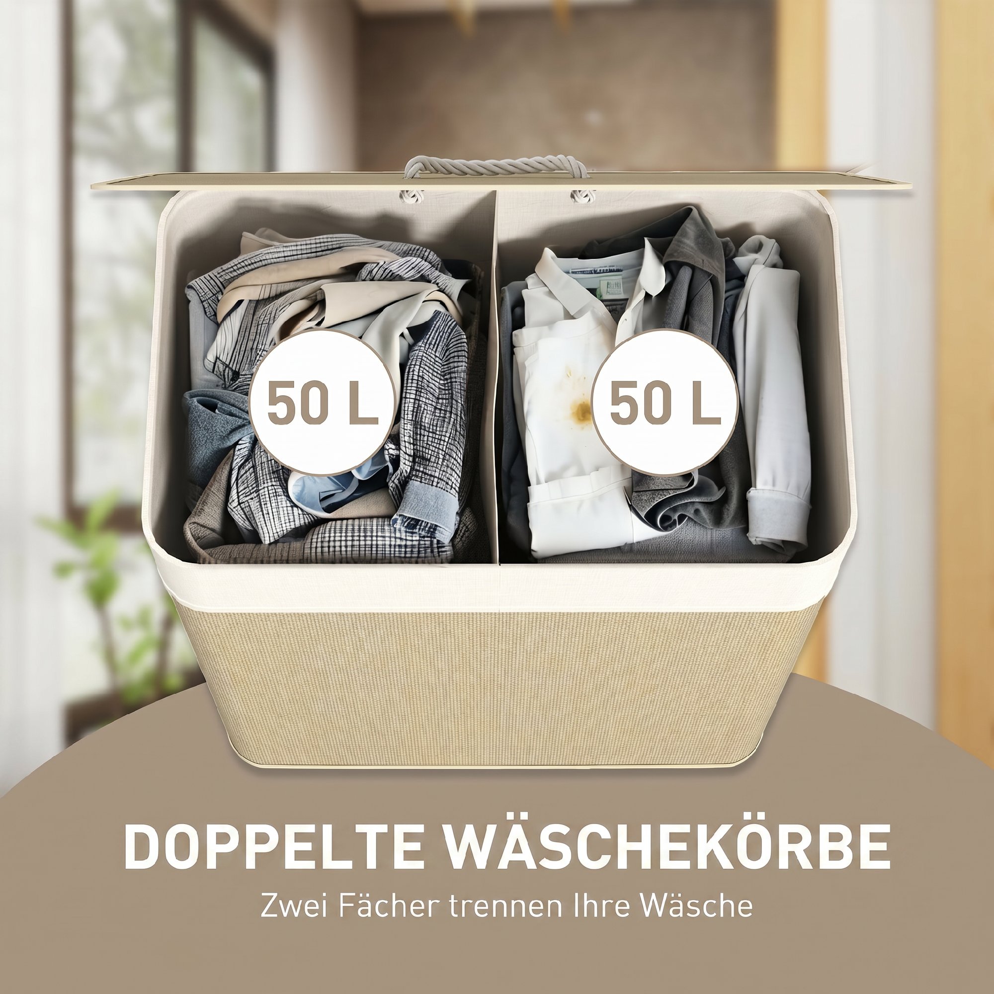 Panier à linge double 2x50L aspect bambou couvercle