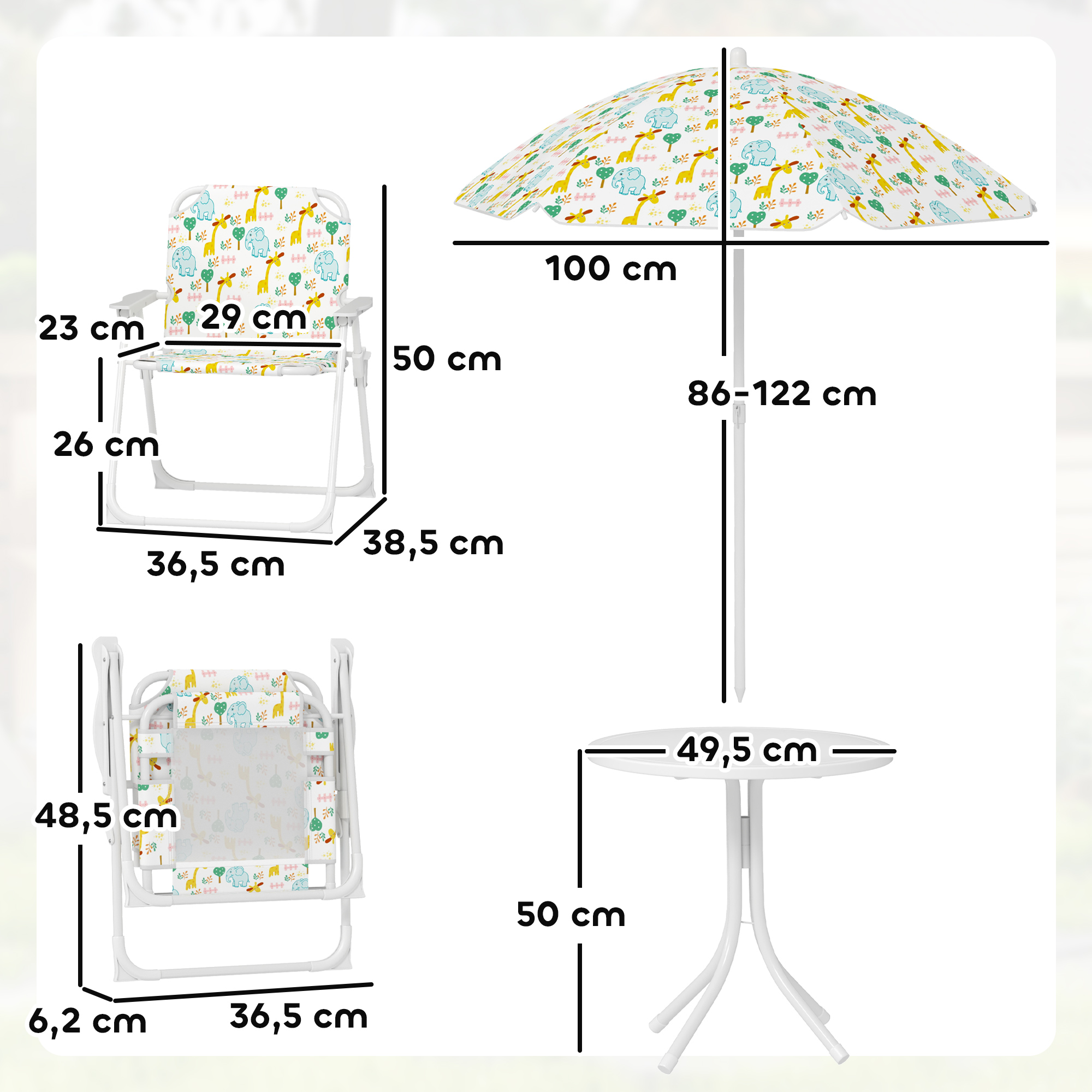 Set de Jardin Enfant 4 Pièces avec Parasol, Table Ronde et 2 Chaises Pliantes, M