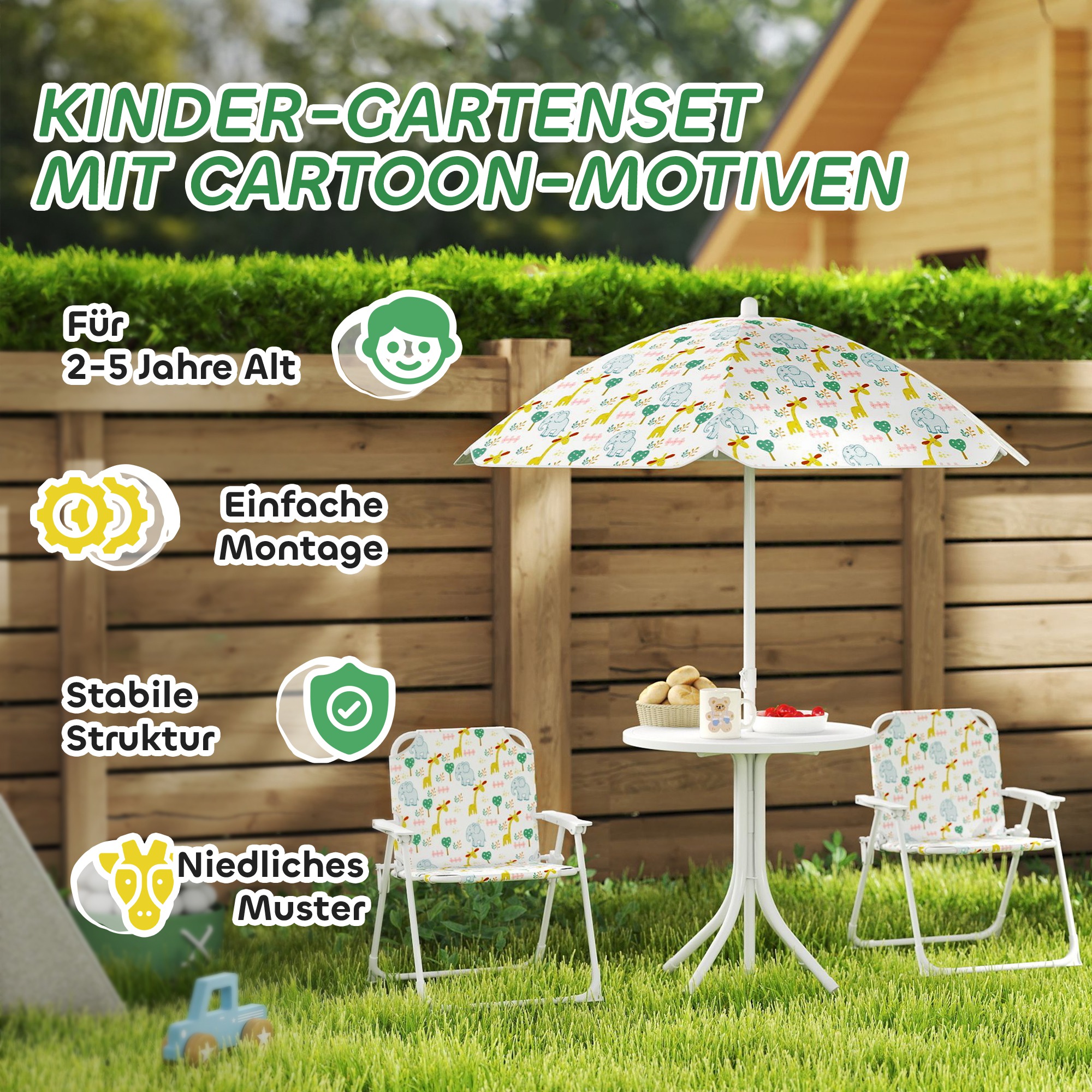 Set de Jardin Enfant 4 Pièces avec Parasol, Table Ronde et 2 Chaises Pliantes, M