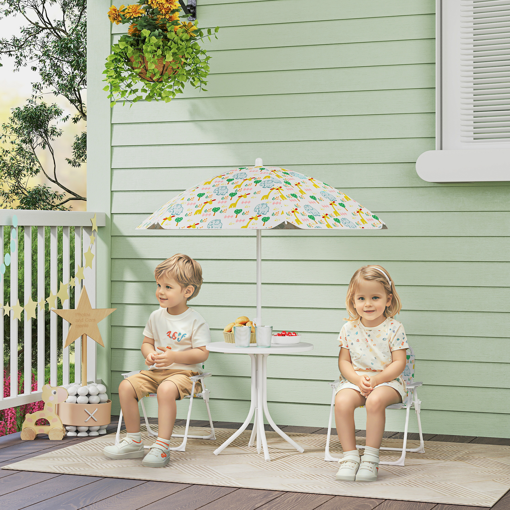 Set de Jardin Enfant 4 Pièces avec Parasol, Table Ronde et 2 Chaises Pliantes, M