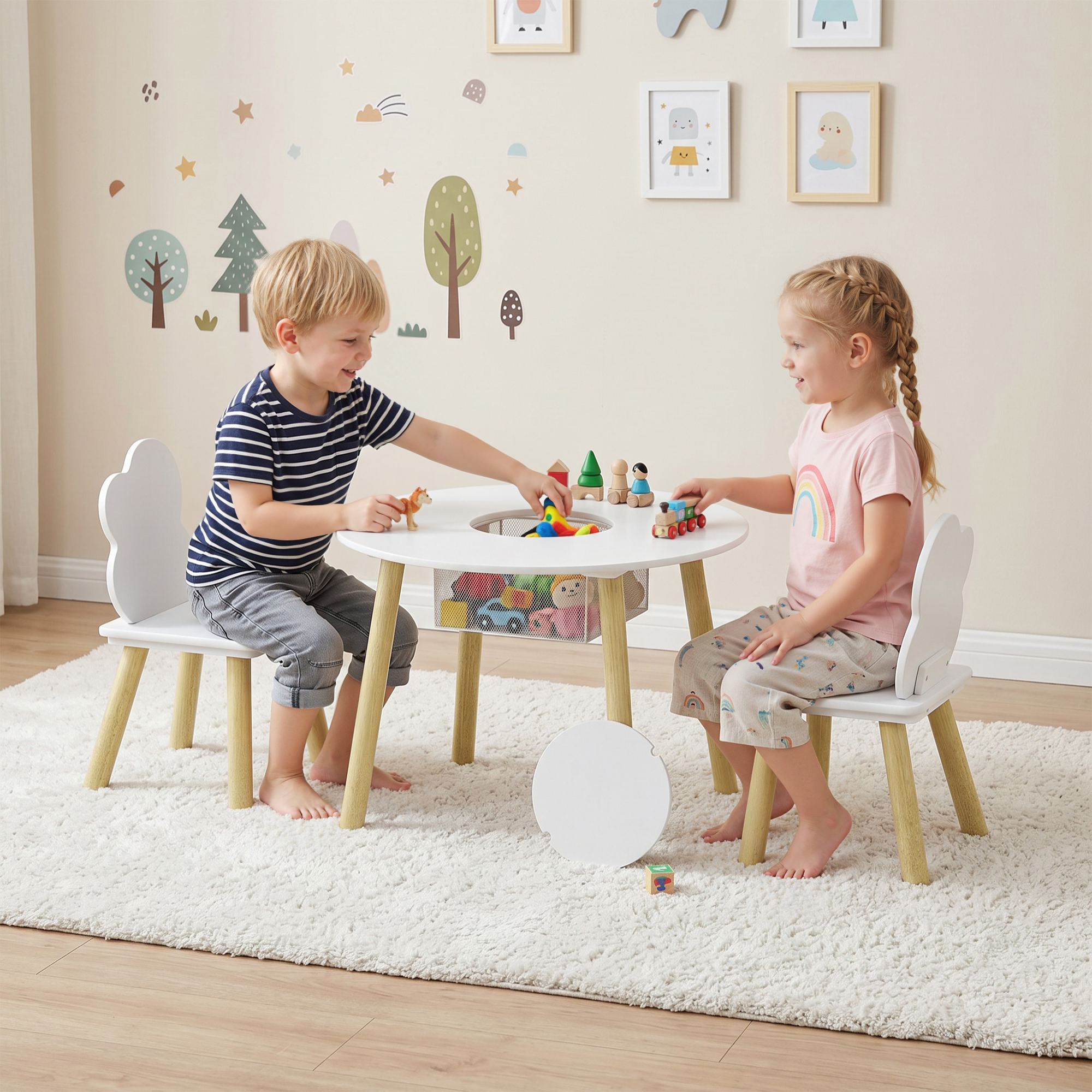 Table et 2 Chaises Enfant Design Nuage, Sac Filaire Central, Blanc et Rose, MDF 
