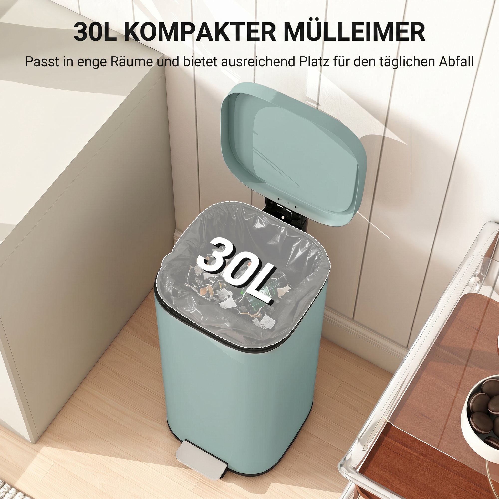 Poubelle à pédale 30L vert‑pâle cuisine