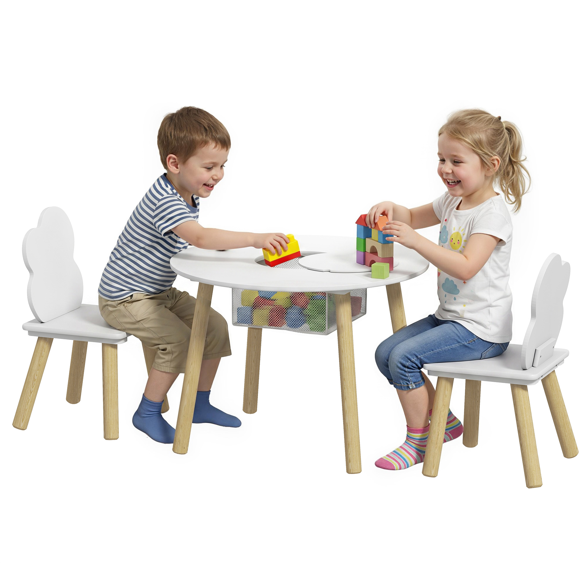 Table et 2 Chaises Enfant Design Nuage, Sac Filaire Central, Blanc et Rose, MDF 