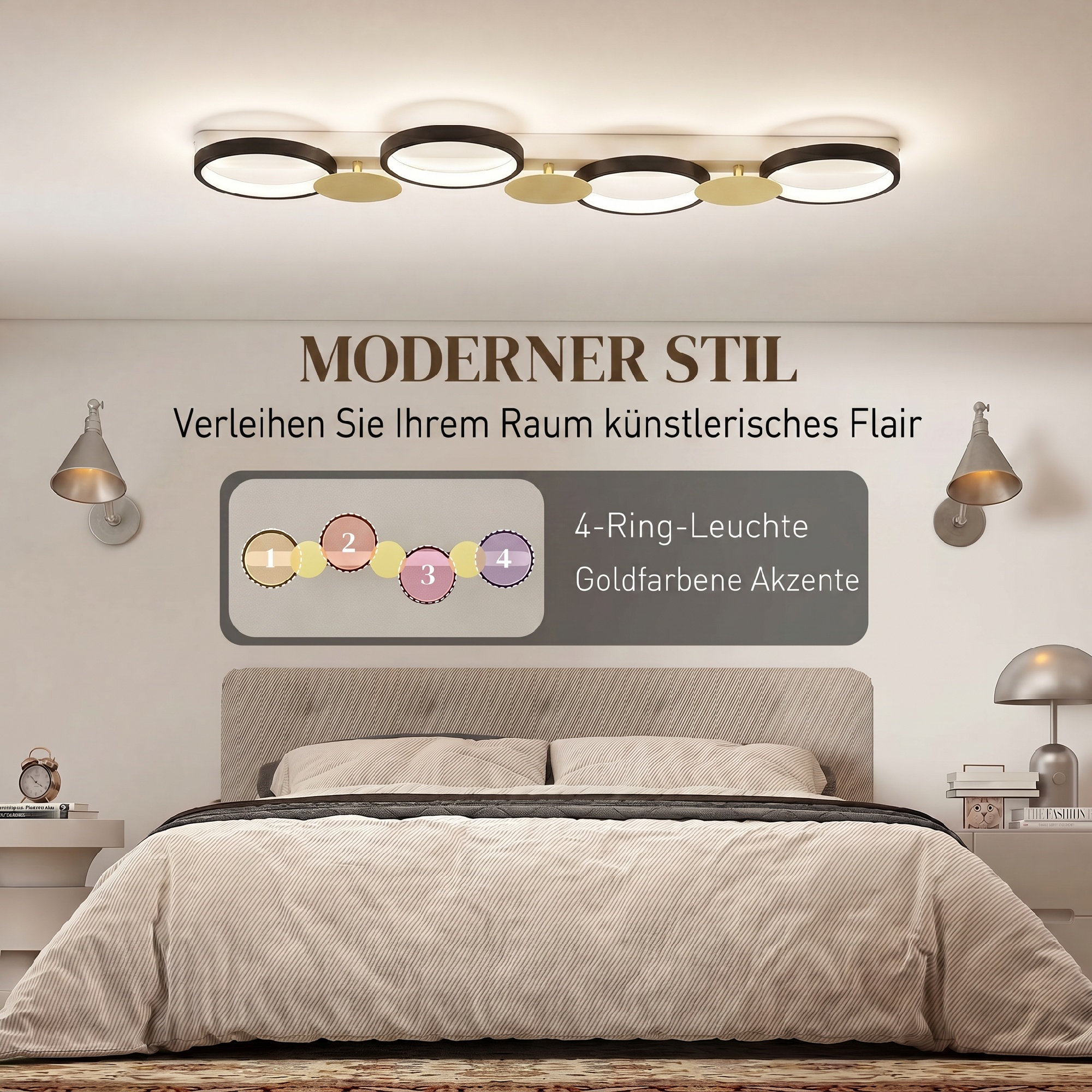 Plafonnier LED 4 anneaux noir et or longueur 100cm