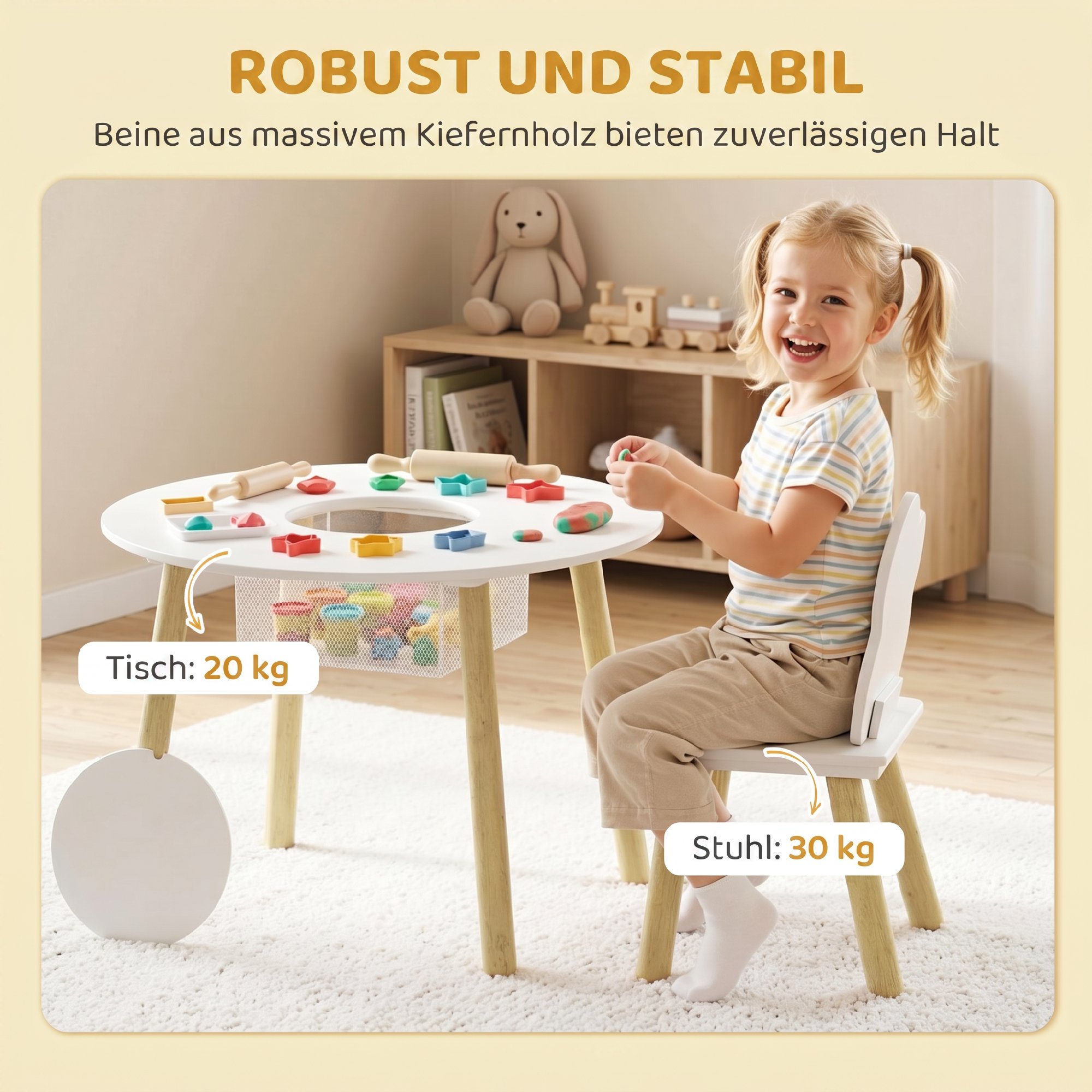Table et 2 Chaises Enfant Design Nuage, Sac Filaire Central, Blanc et Rose, MDF 