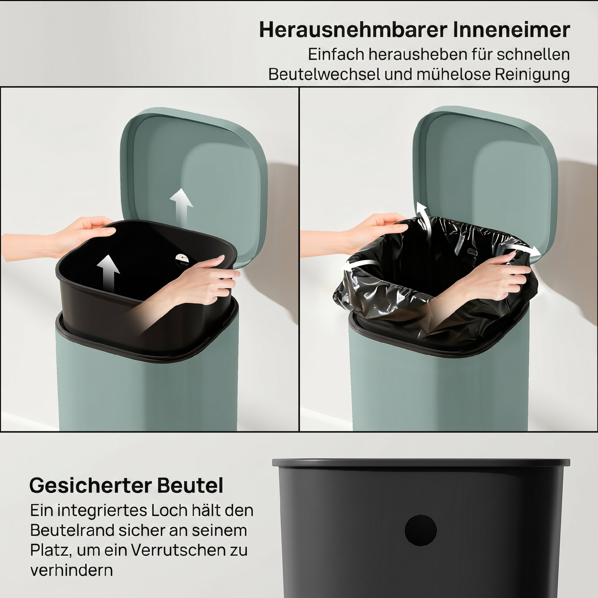 Bac intérieur étanche extractible et fixe‑sac