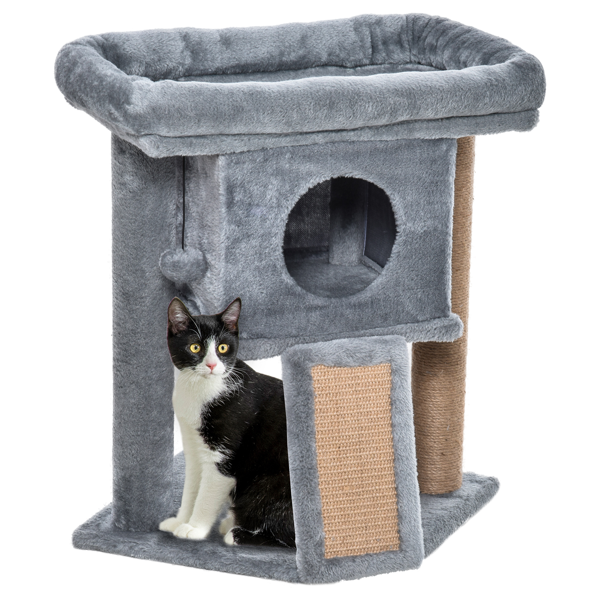 Arbre à chat compact 57 cm. petit tour avec niche. balle de jeu. grande plateforme. pour chats jusqu'à 5 kg. gris clair