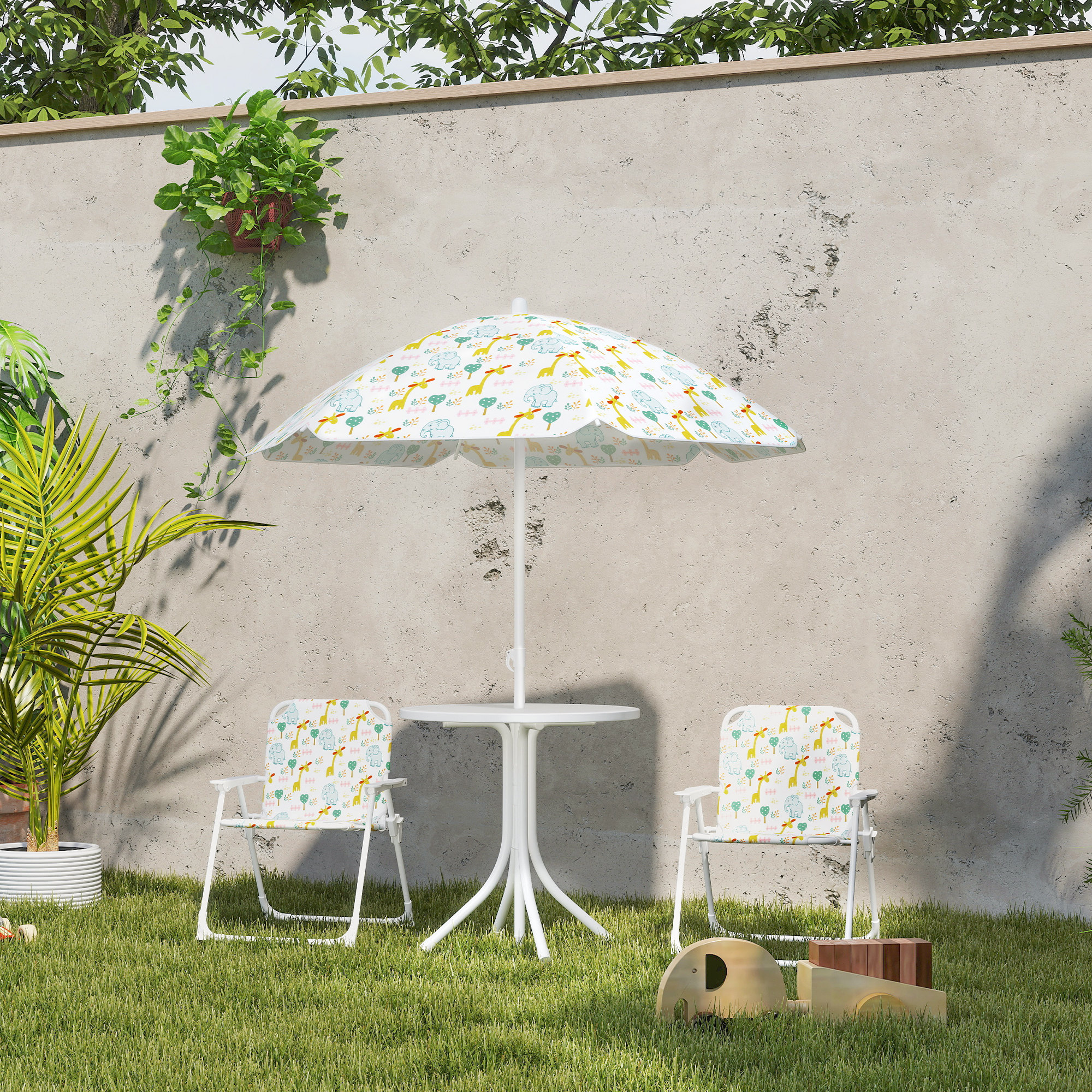Set de Jardin Enfant 4 Pièces avec Parasol, Table Ronde et 2 Chaises Pliantes, M
