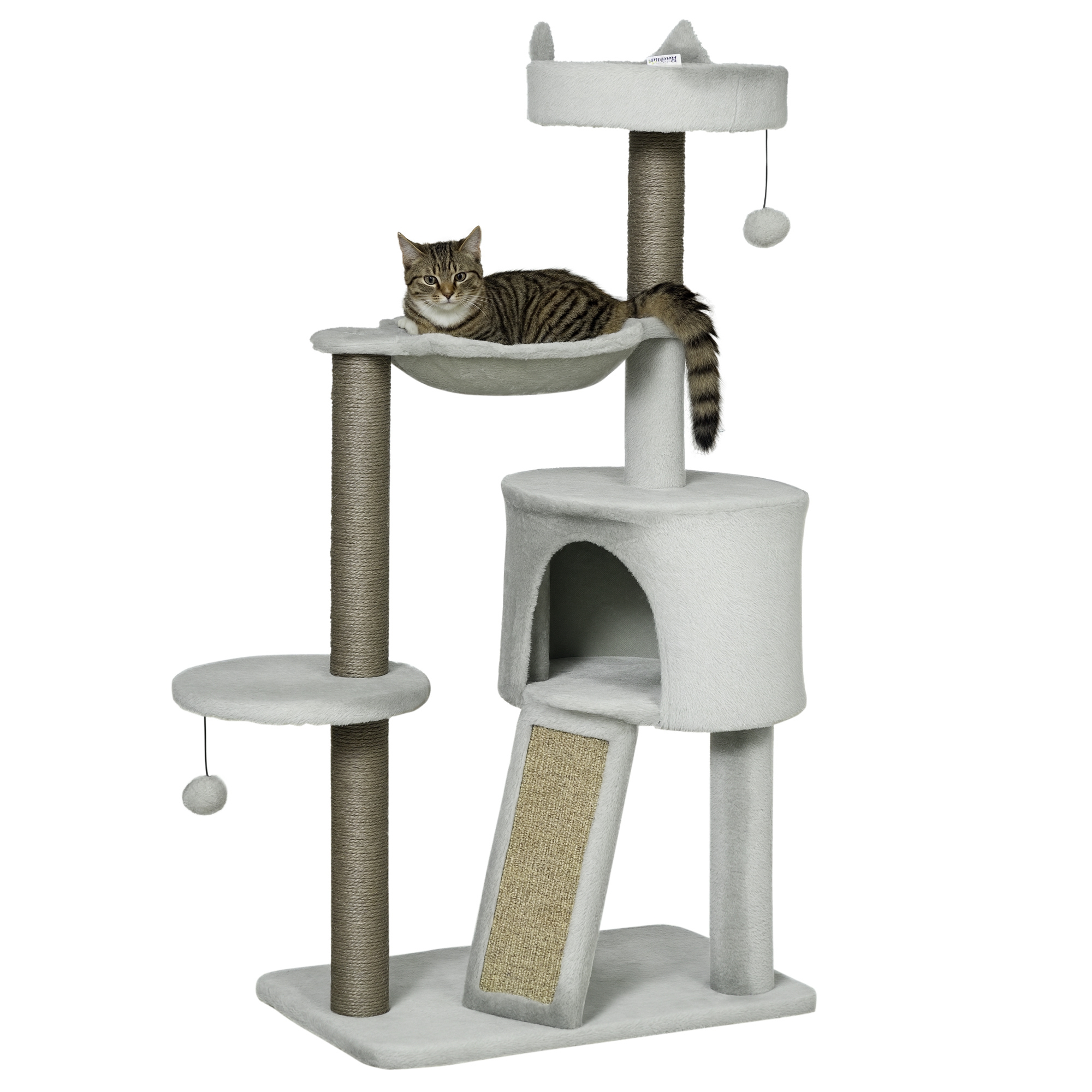 Arbre à chat avec niche. lit. hamac et jouets inclus. 60 x 40 x 113 cm. gris clair