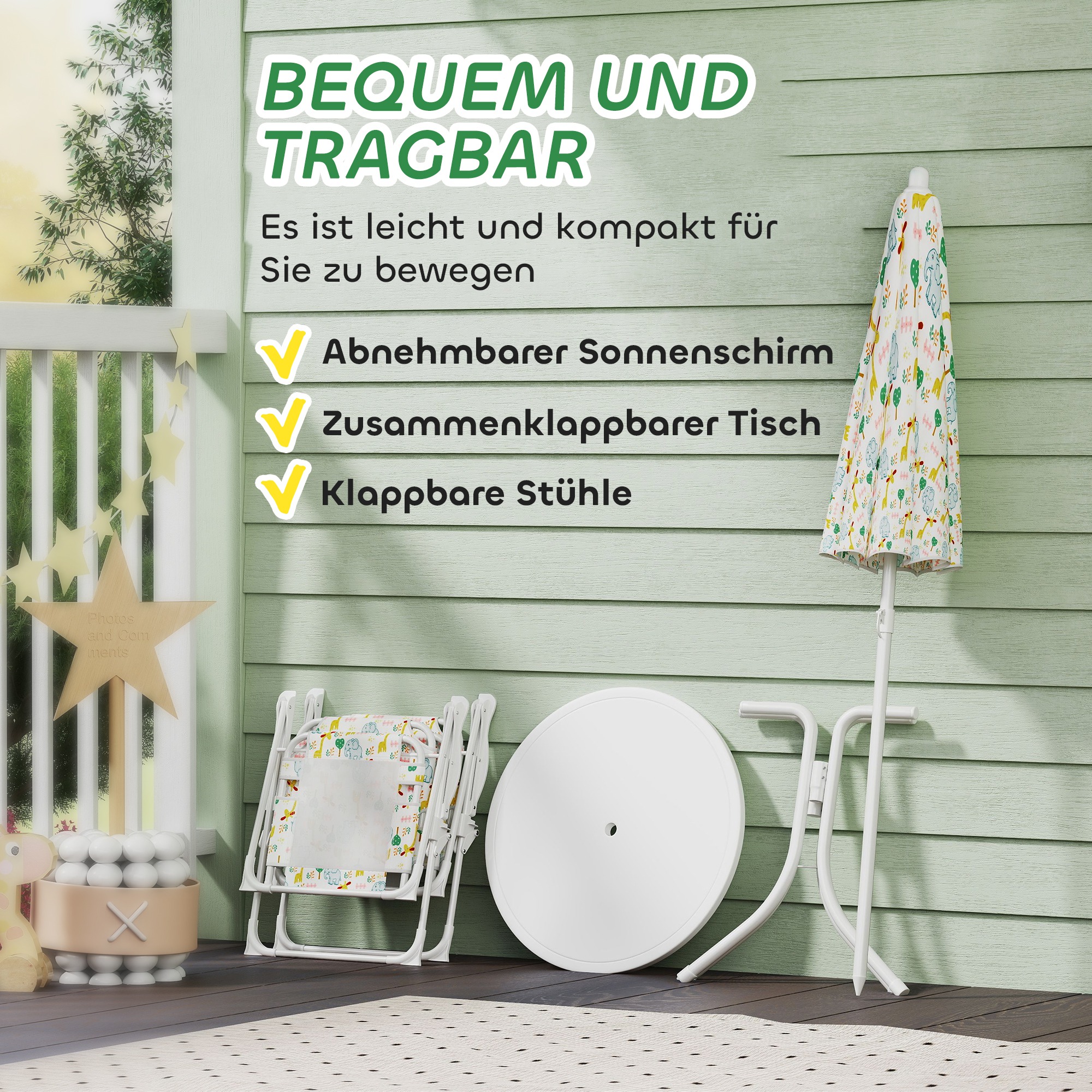 Set de Jardin Enfant 4 Pièces avec Parasol, Table Ronde et 2 Chaises Pliantes, M