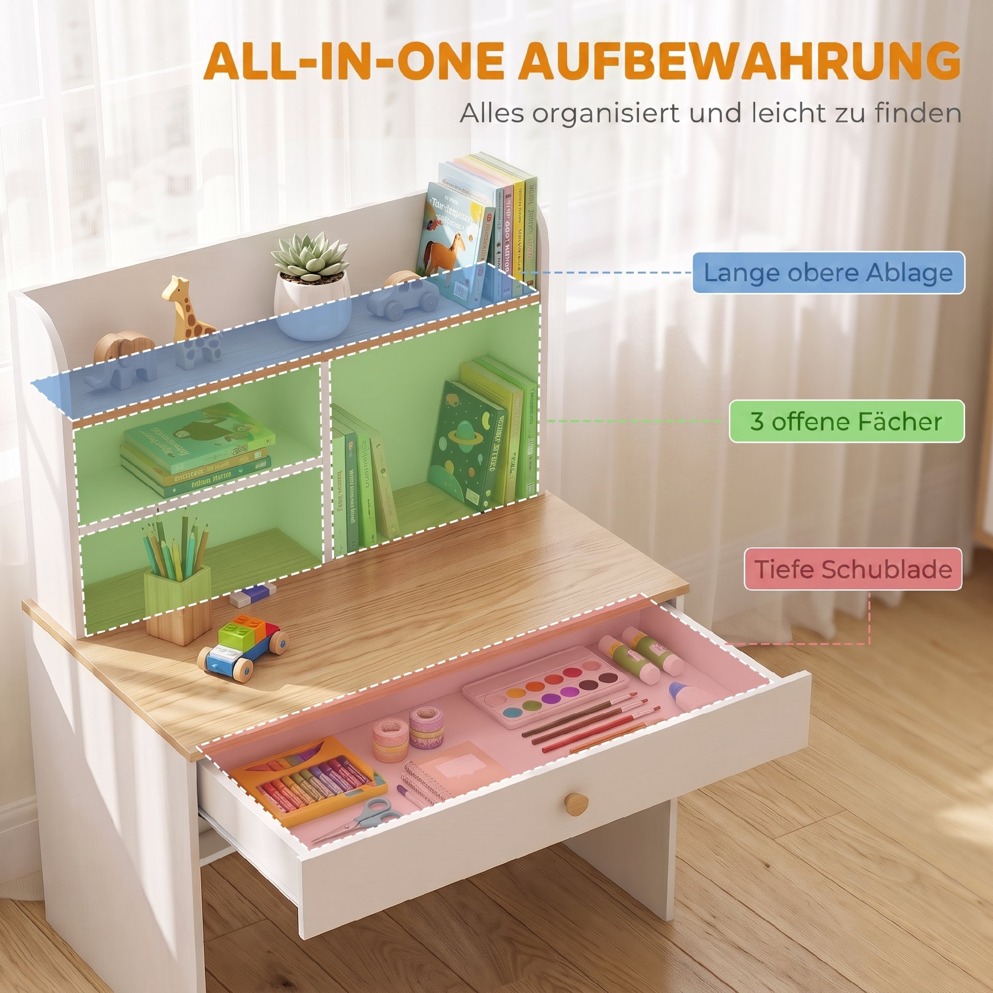 Bureau Enfant avec Étagère et Tiroir Profond, Table d'Apprentissage 80x50x100 cm