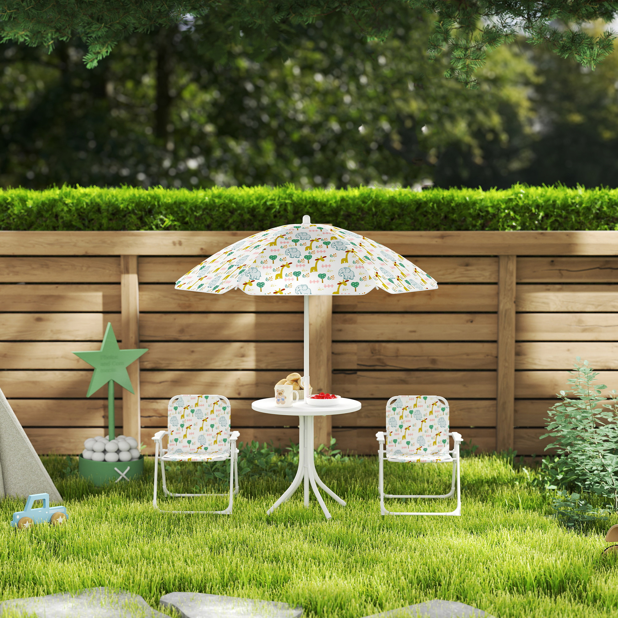 Set de Jardin Enfant 4 Pièces avec Parasol, Table Ronde et 2 Chaises Pliantes, M