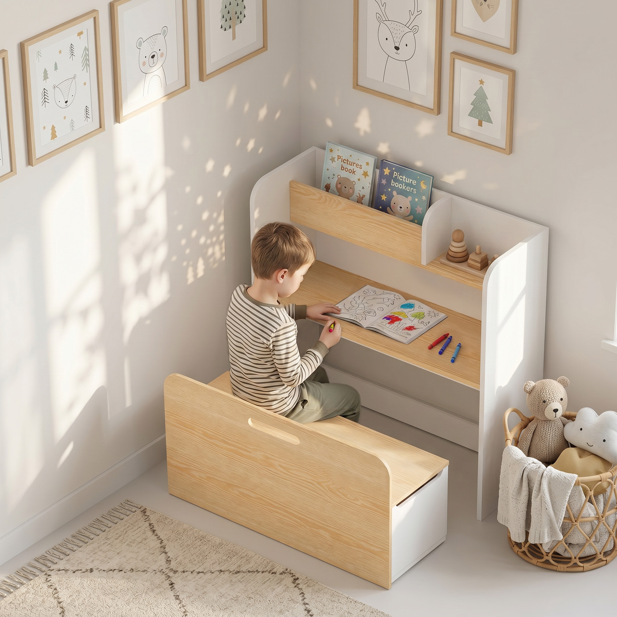 Bureau et Chaise Enfant 5-en-1, Bureau + Bibliothèque + Coffre + Banc Roulant + 