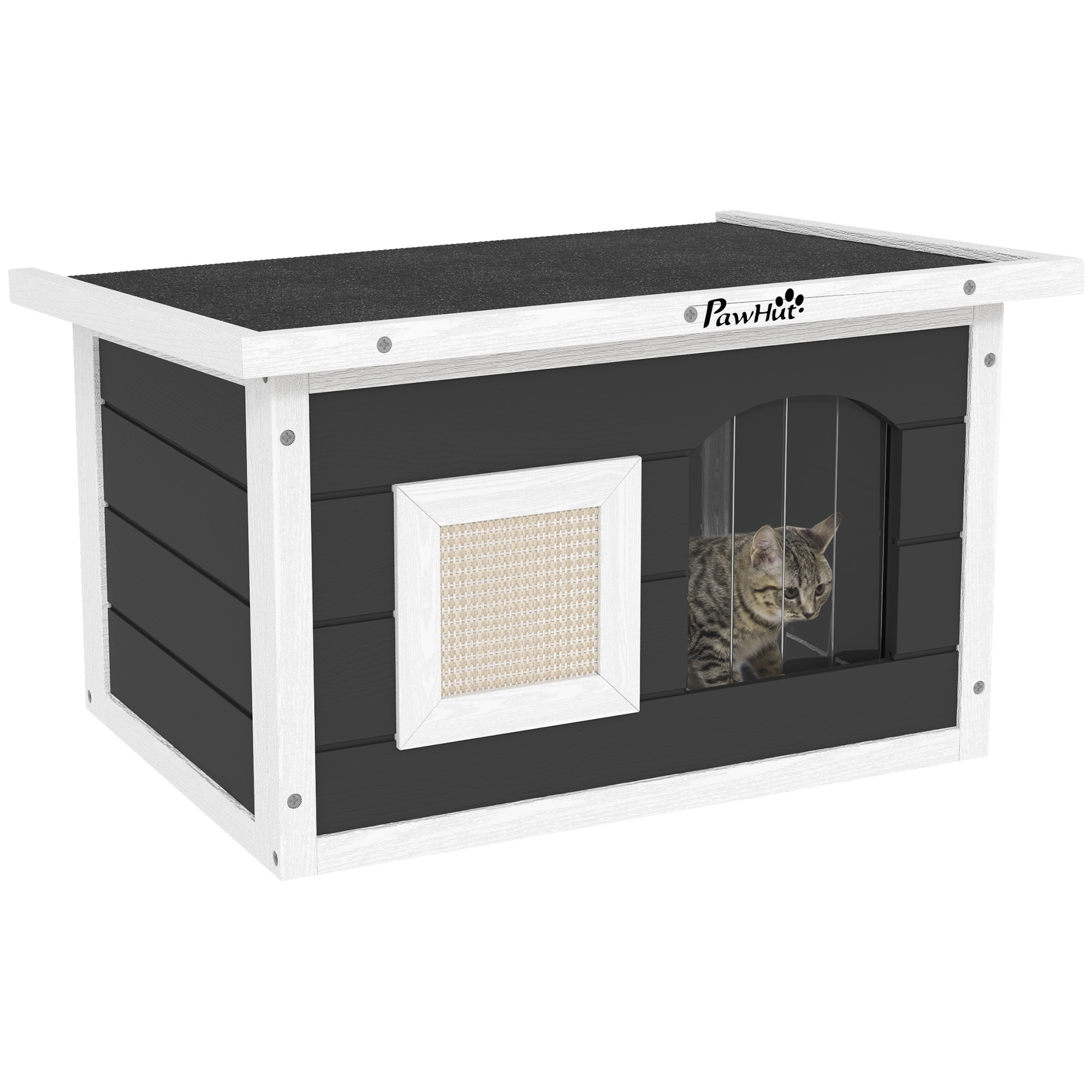 Maison pour chat. refuge pour chats et lapins. maison en bois avec tapis à gratter et porte à clapet. 61 x 45 x 36.5 cm. gris