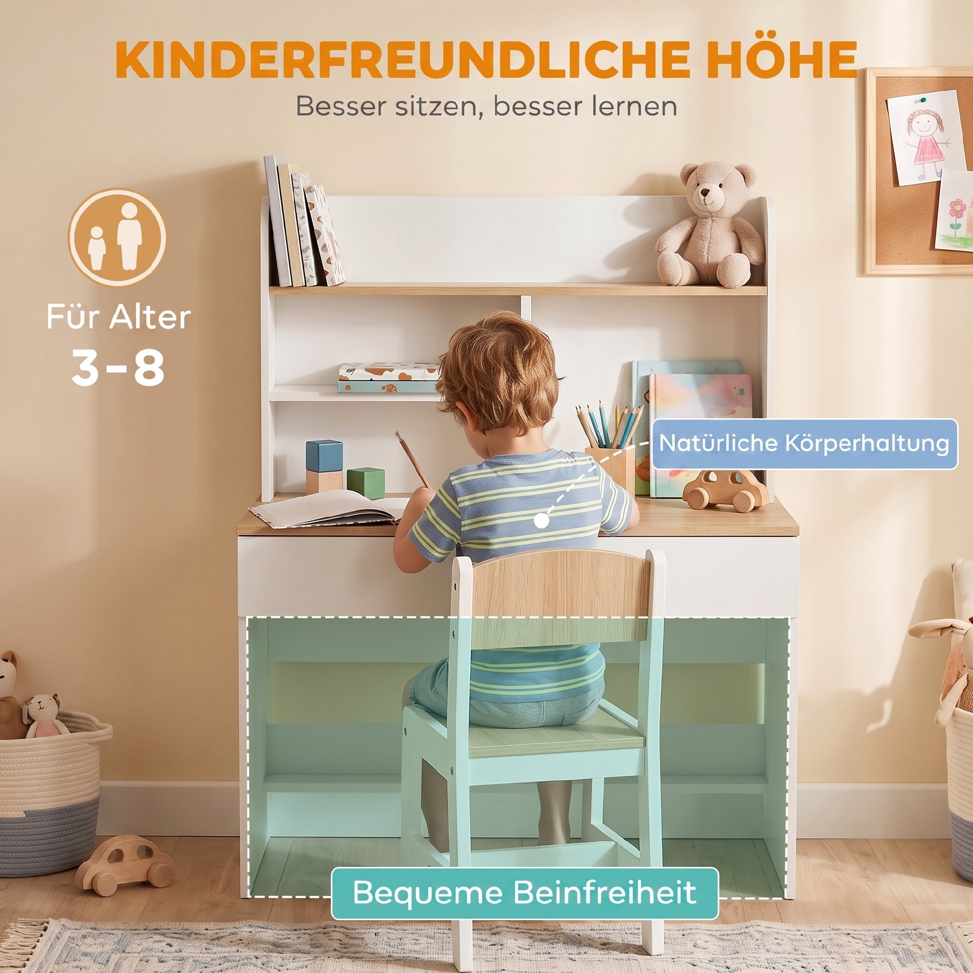 Bureau Enfant avec Étagère et Tiroir Profond, Table d'Apprentissage 80x50x100 cm