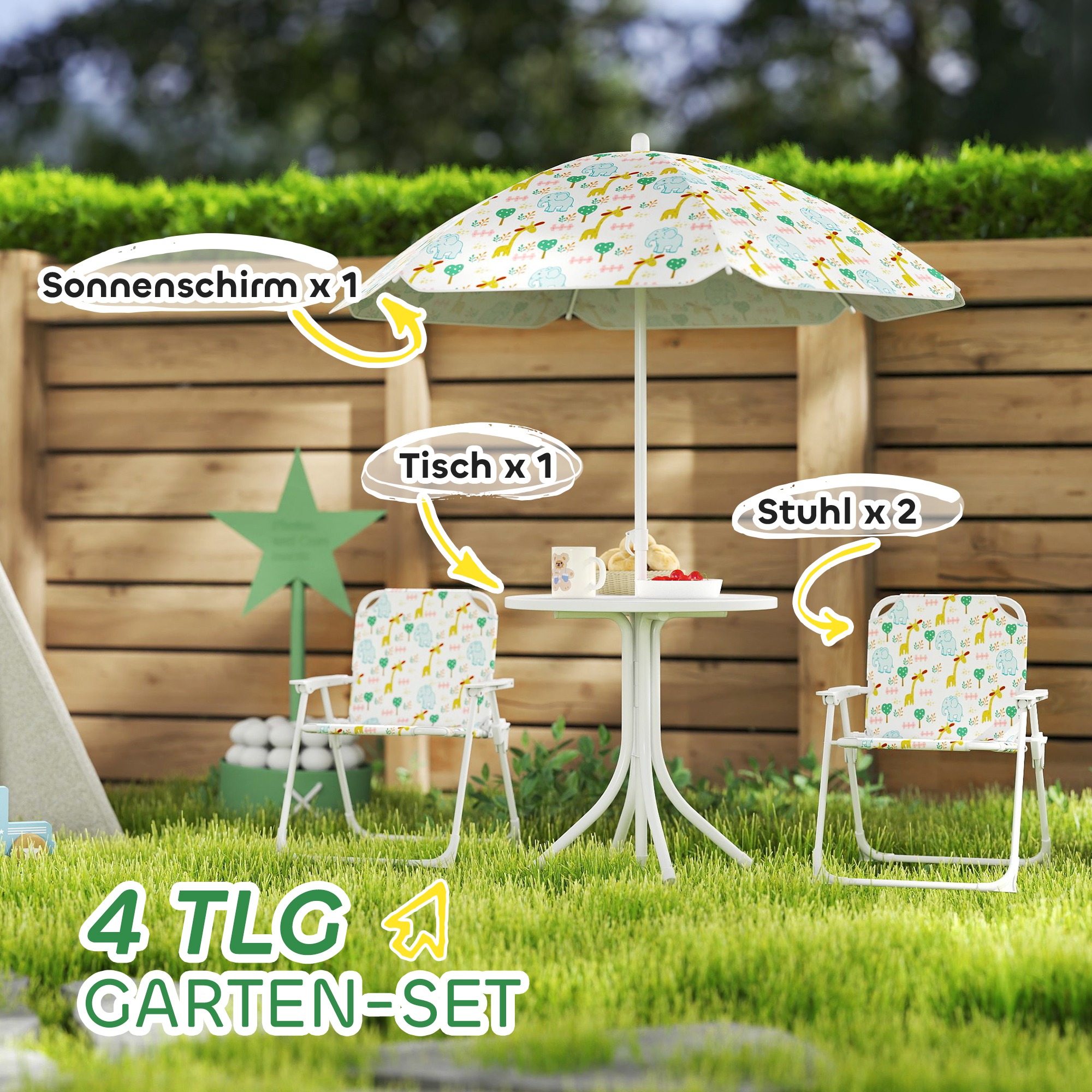Set de Jardin Enfant 4 Pièces avec Parasol, Table Ronde et 2 Chaises Pliantes, M