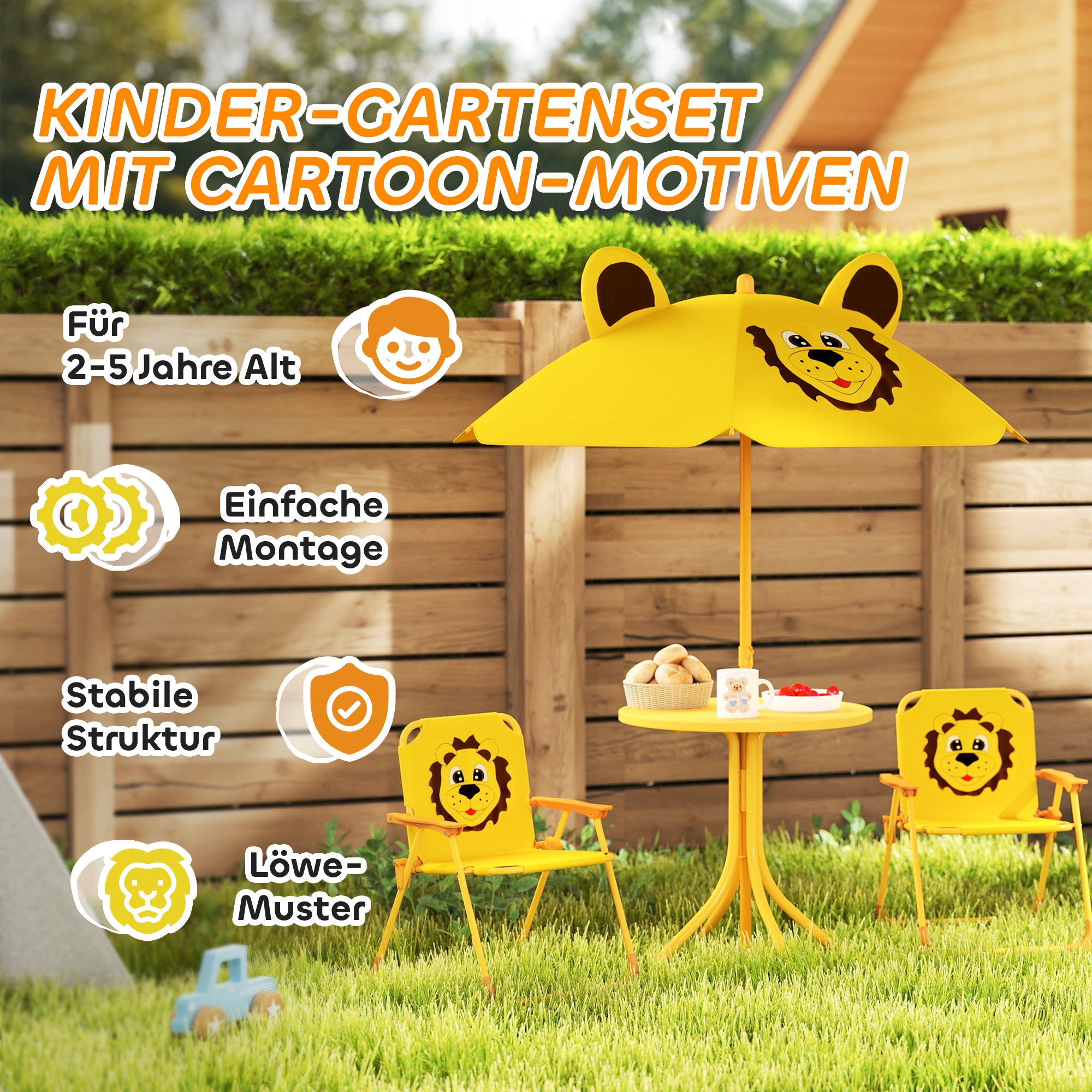 Set de Jardin Enfant 4 Pièces avec Parasol, Table Ronde et 2 Chaises Pliantes, D