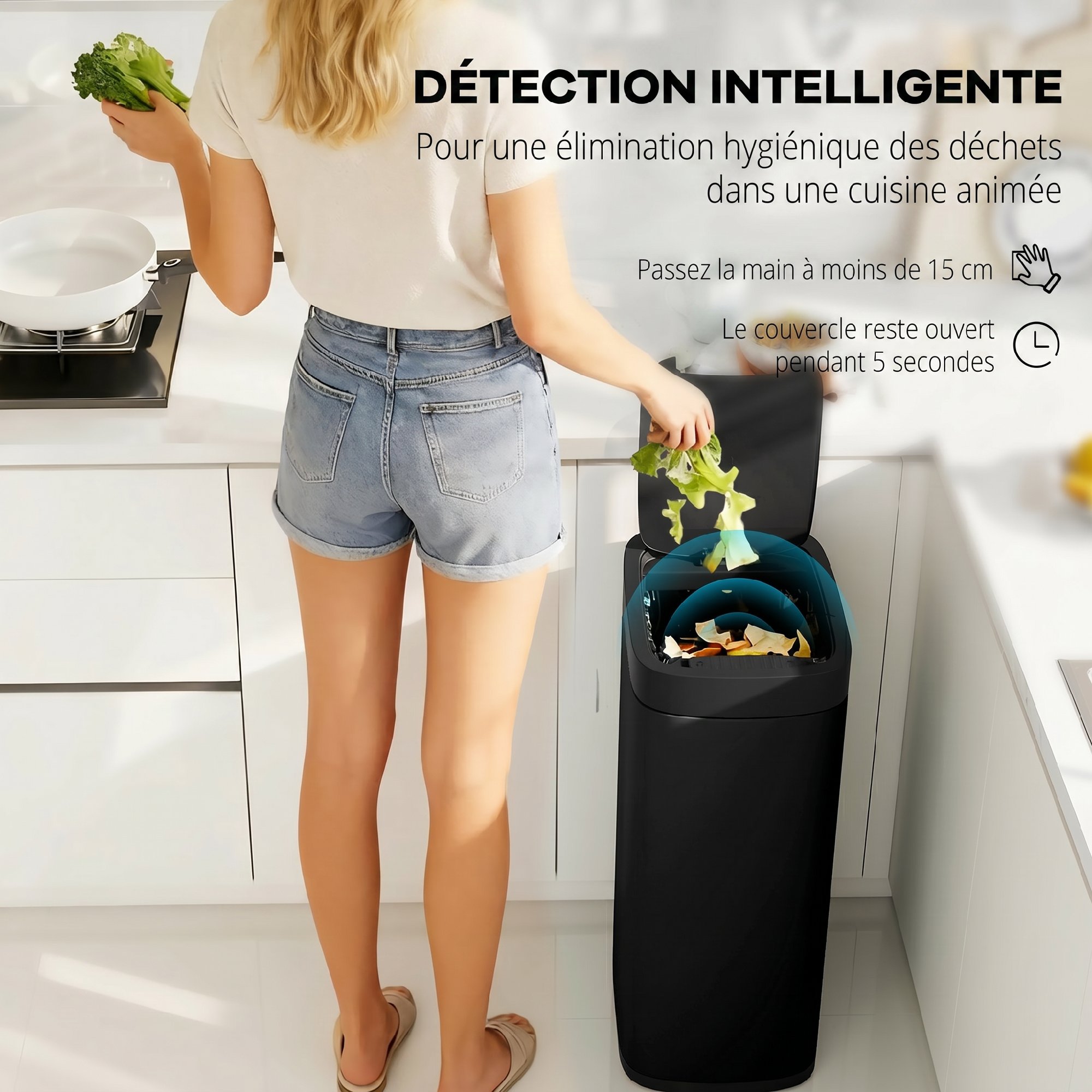 Poubelle automatique 50L noire capteur infrarouge