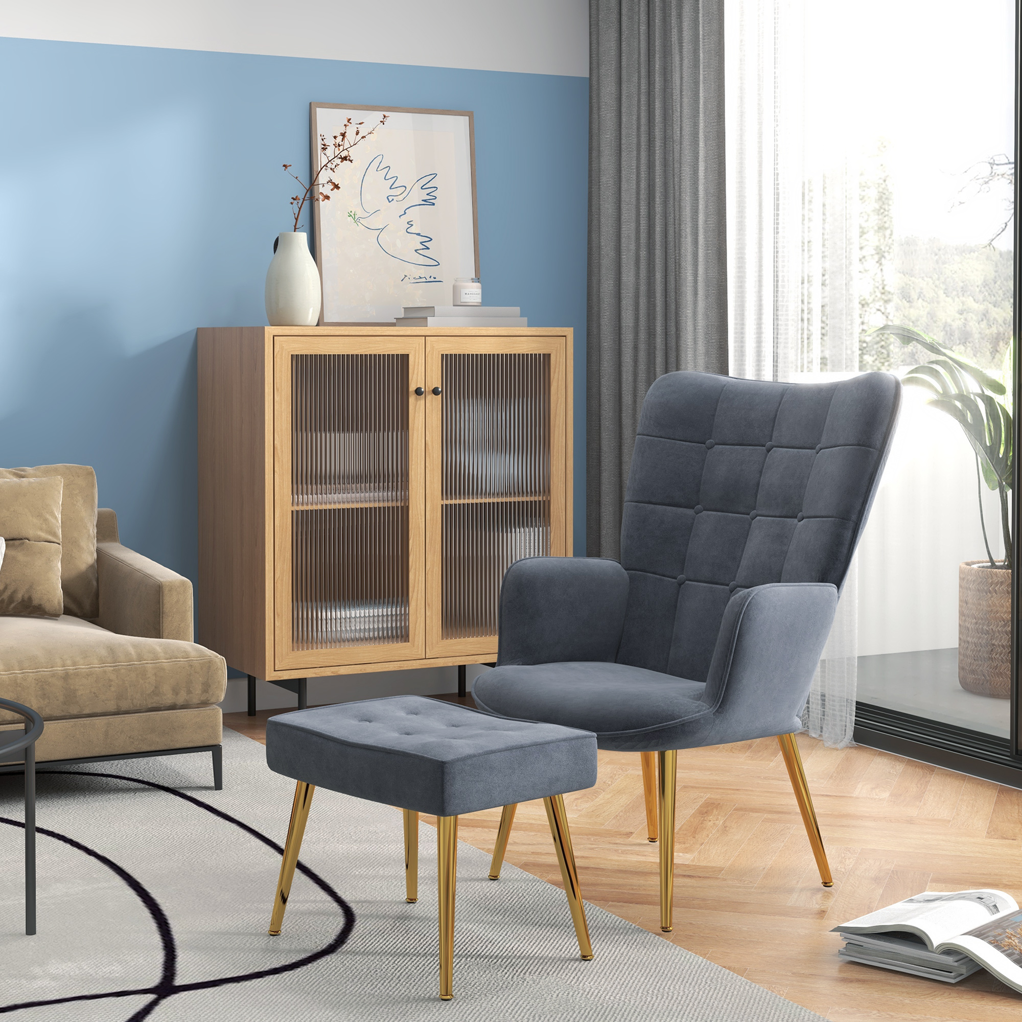 Fauteuil pieds acier doré
