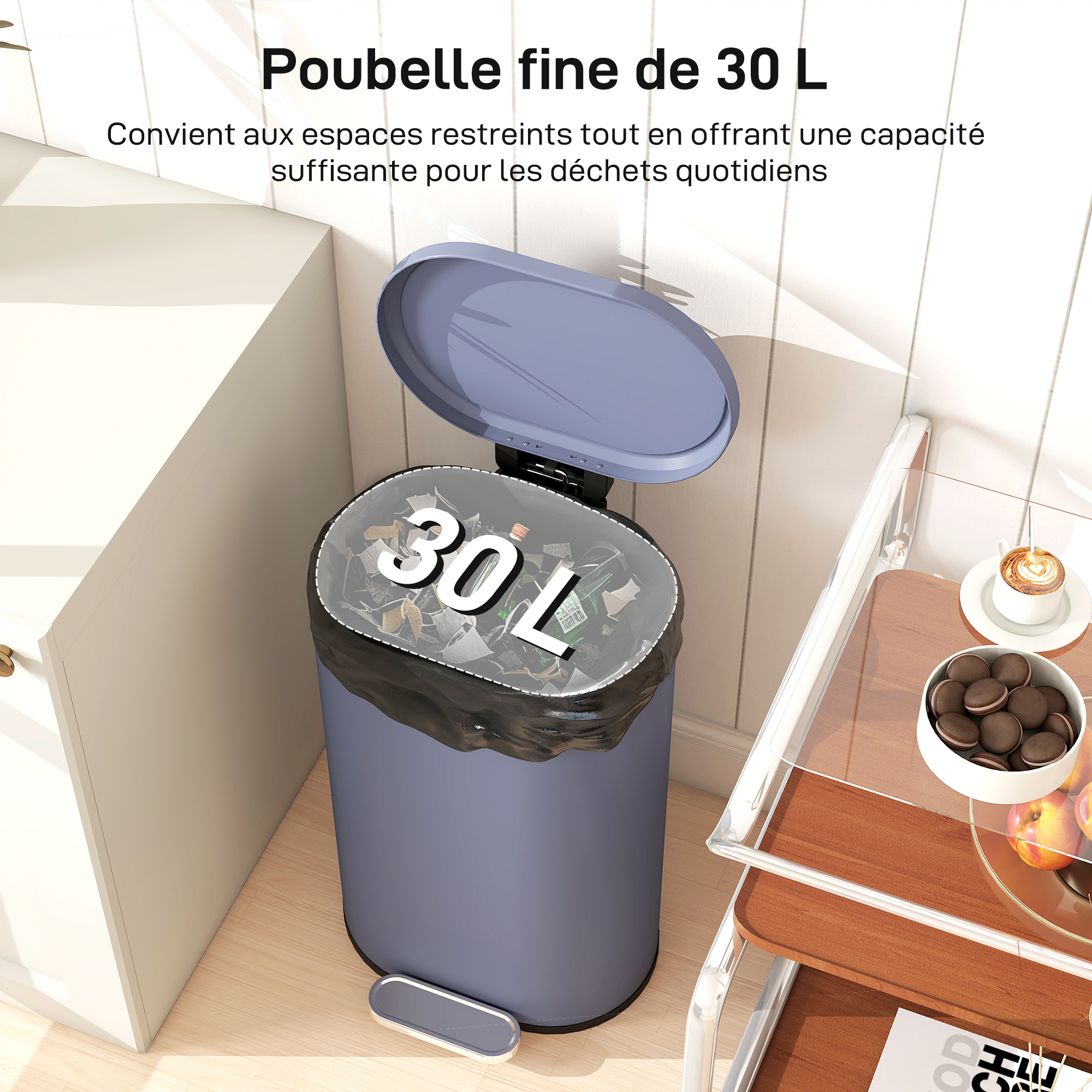Poubelle à pédale à côté d'un meuble de cuisine