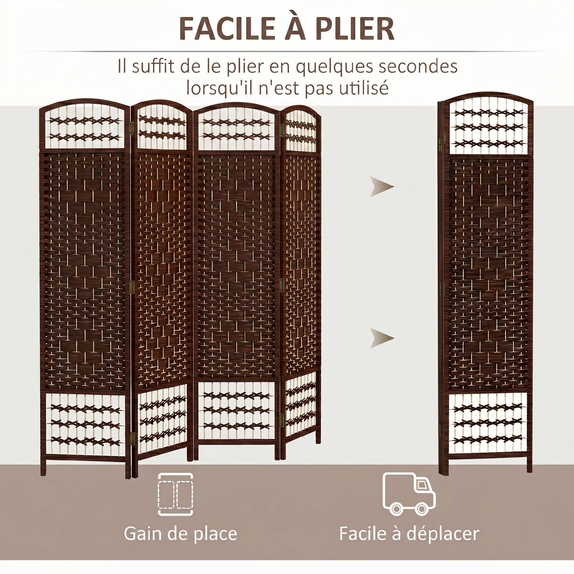 Paravent 4 panneaux tissé bois massif 160cm design arqué