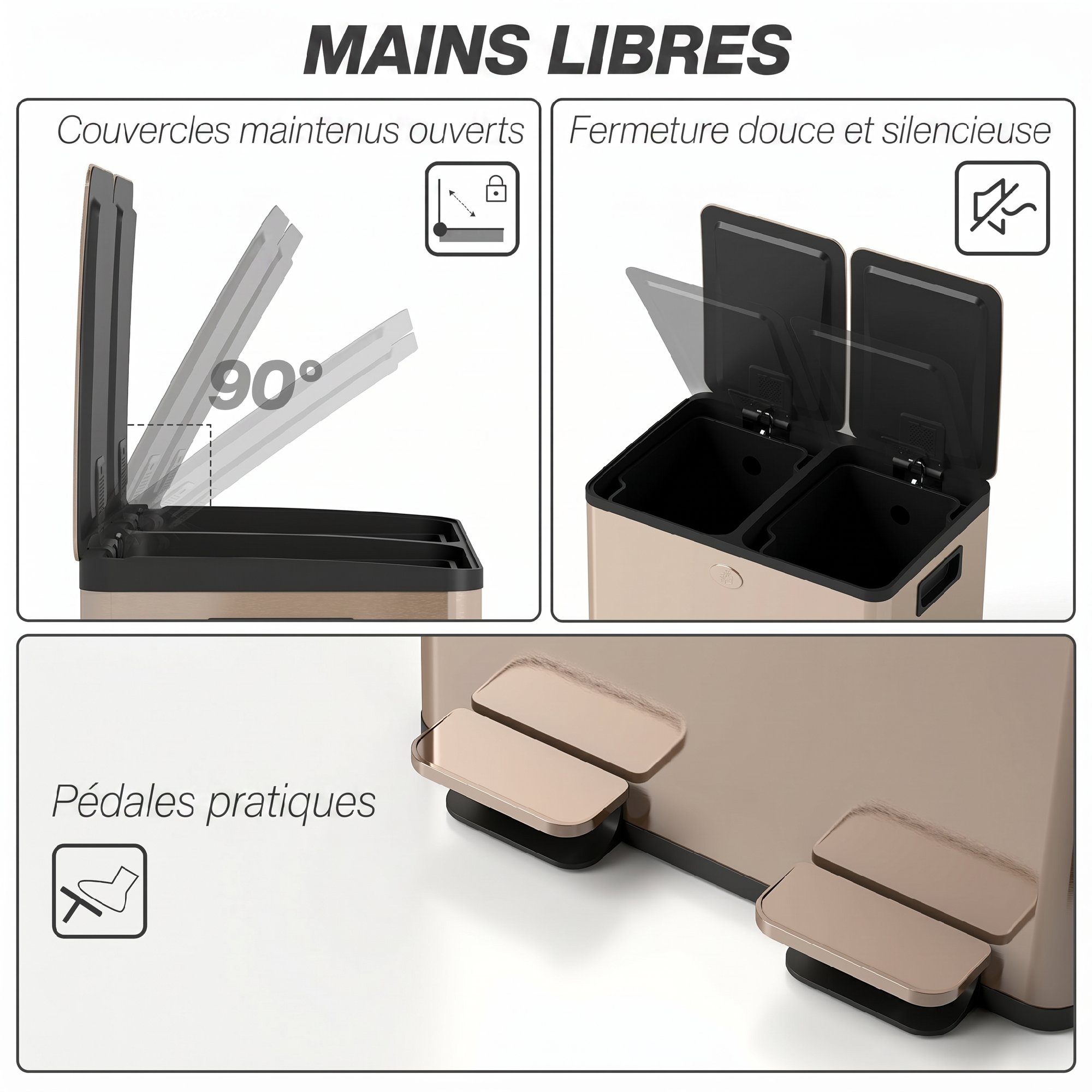 Fermeture douce silencieuse, maintien couvercle ouvert