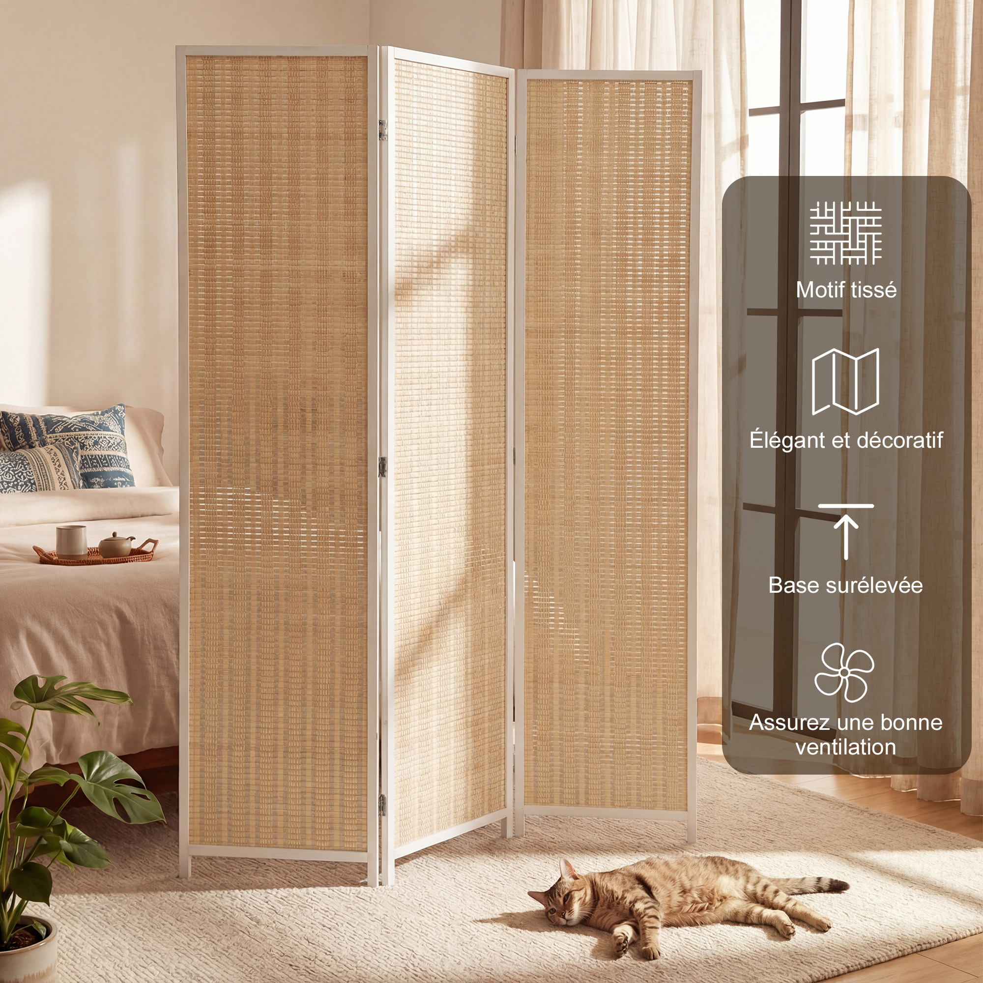 Paravent 3 panneaux cadre blanc tressage bambou