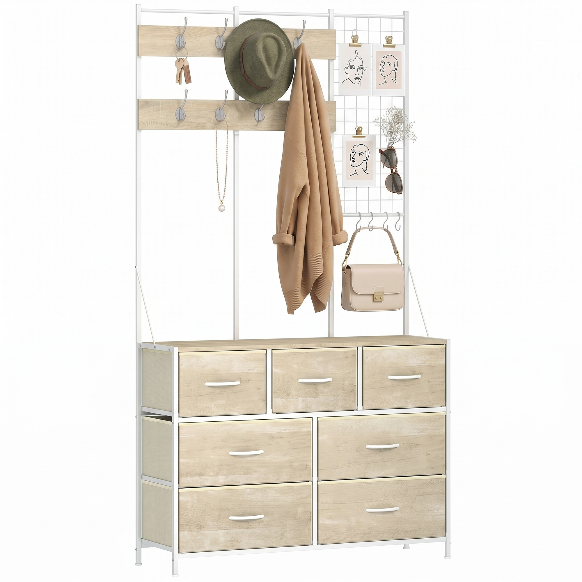 Porte-manteau d entree 4 en 1 effet chene acier blanc