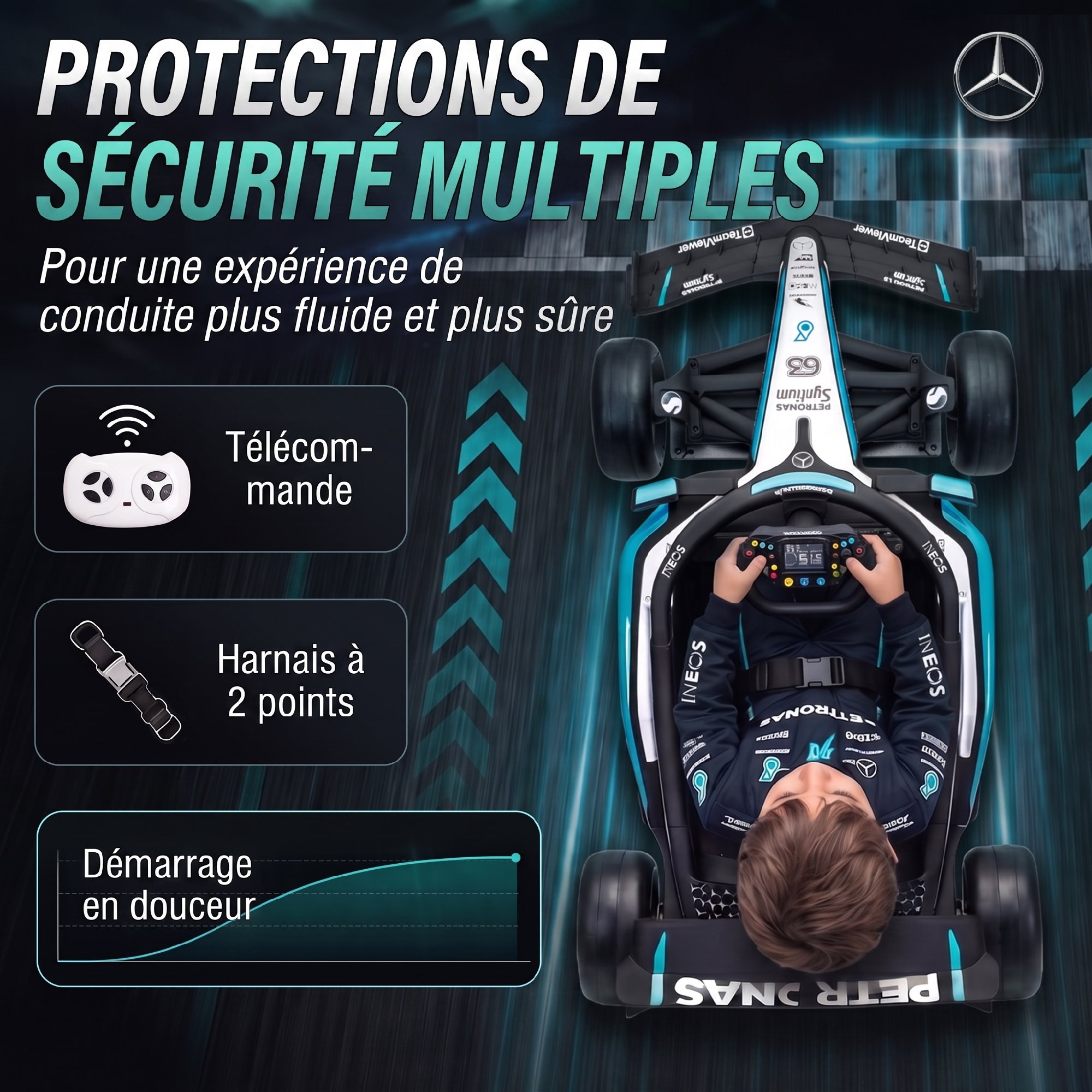 Système sécurité : télécommande 2,4G, harnais 2pts, démarrage doux