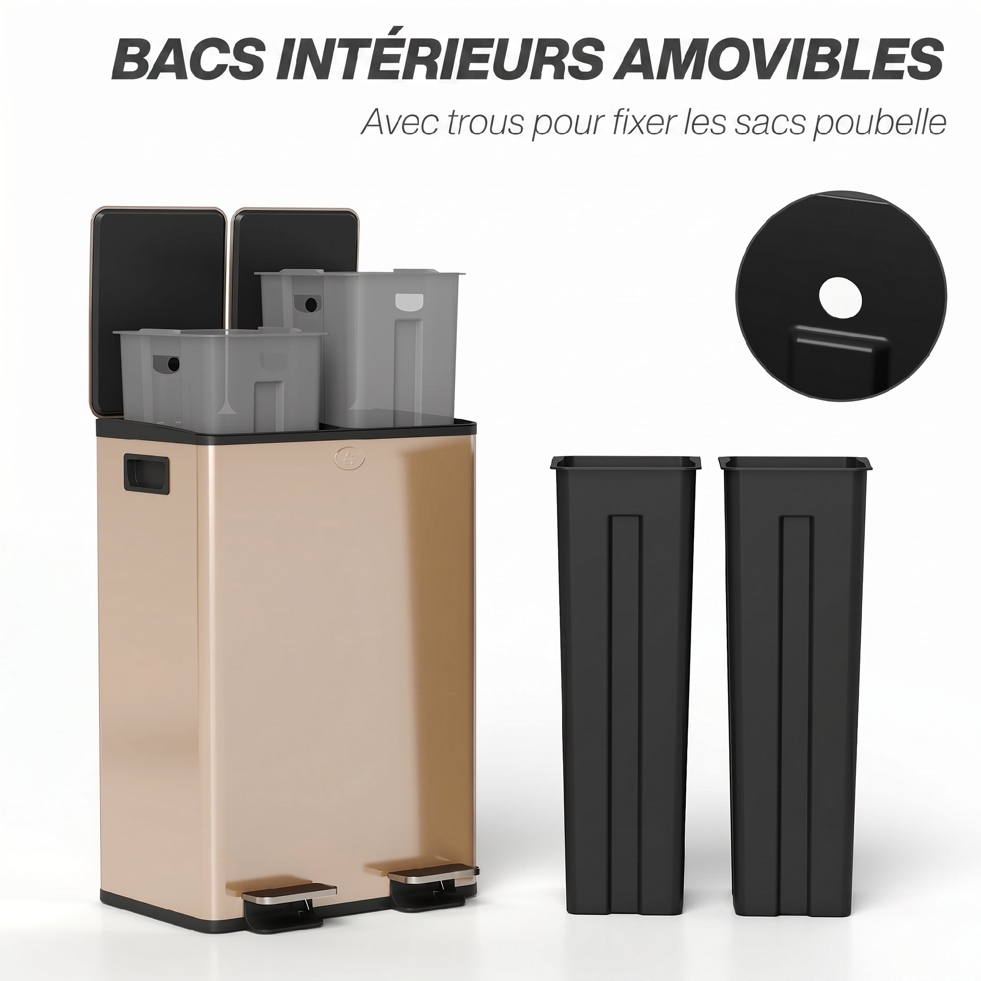 Seaux intérieurs amovibles avec trous fixation sac poubelle