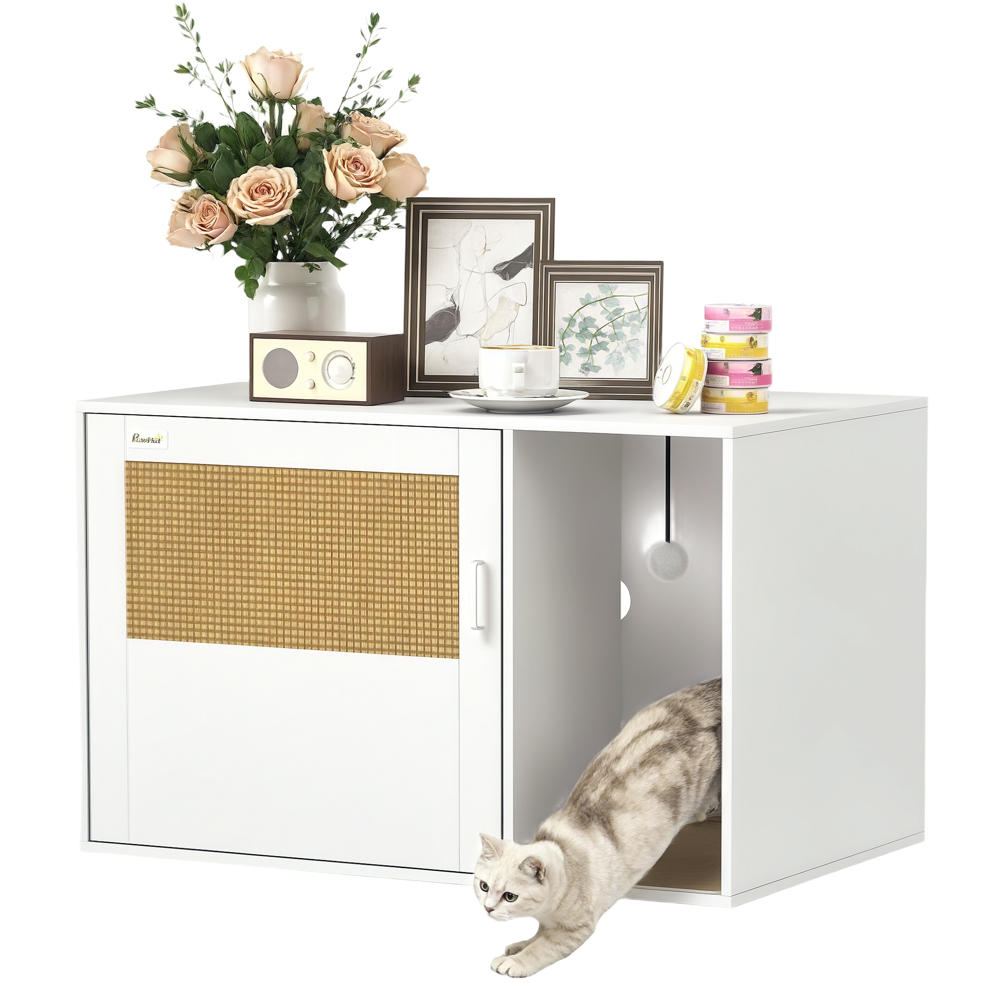 Maison de toilette chat meuble litière pour chat tapis griffoir porte avec poignées style bohème 80 x 50 x 50 cm blanc