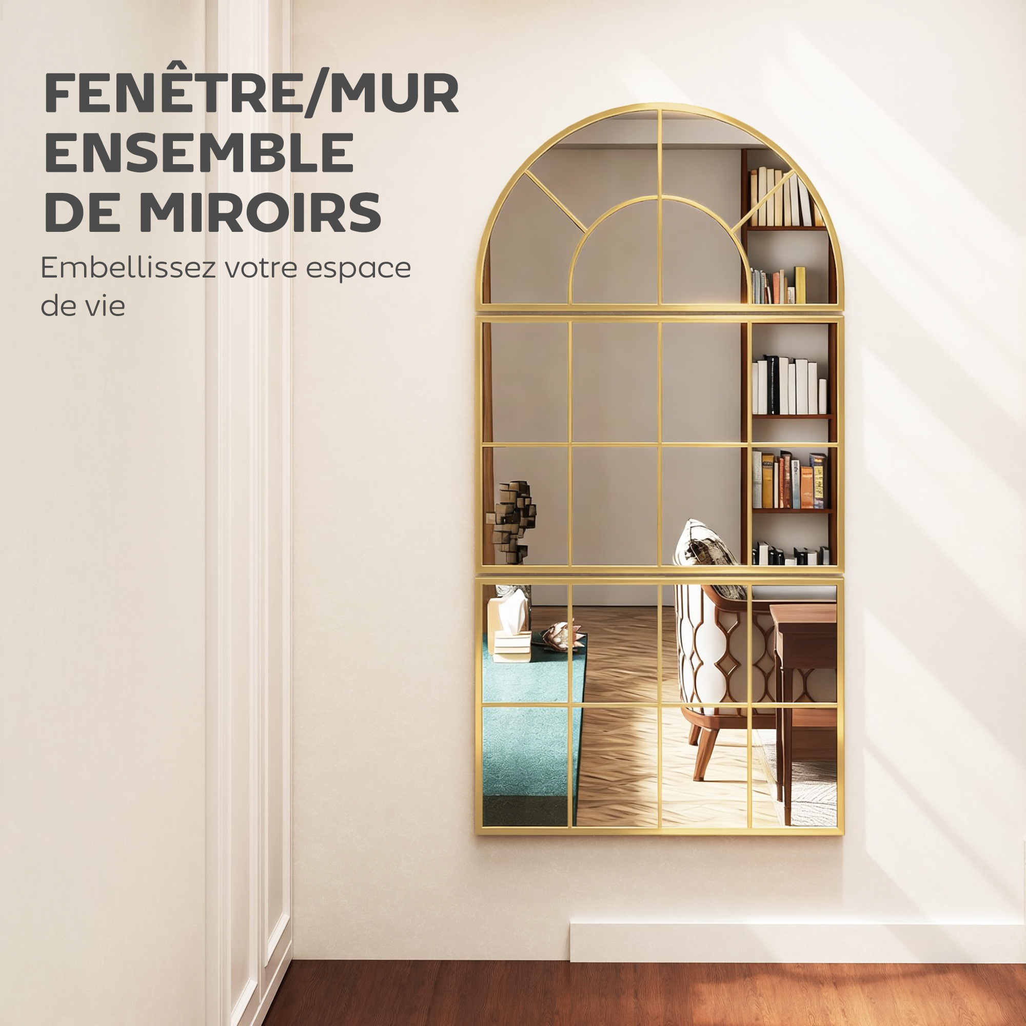Miroir mural arche doré style fenêtre 3 panneaux