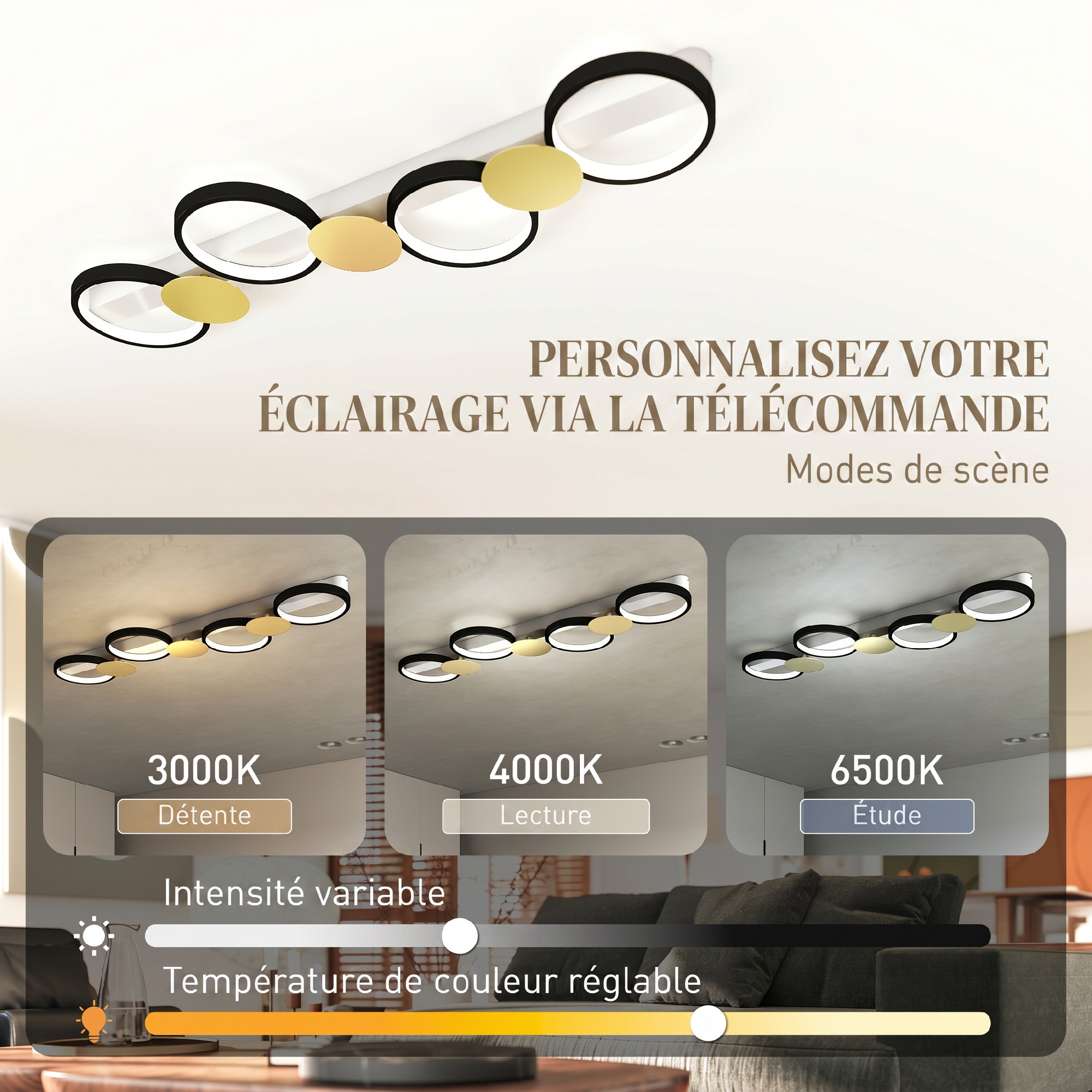 Télécommande : réglage température couleur 3000K‑6500K, luminosité et modes scène